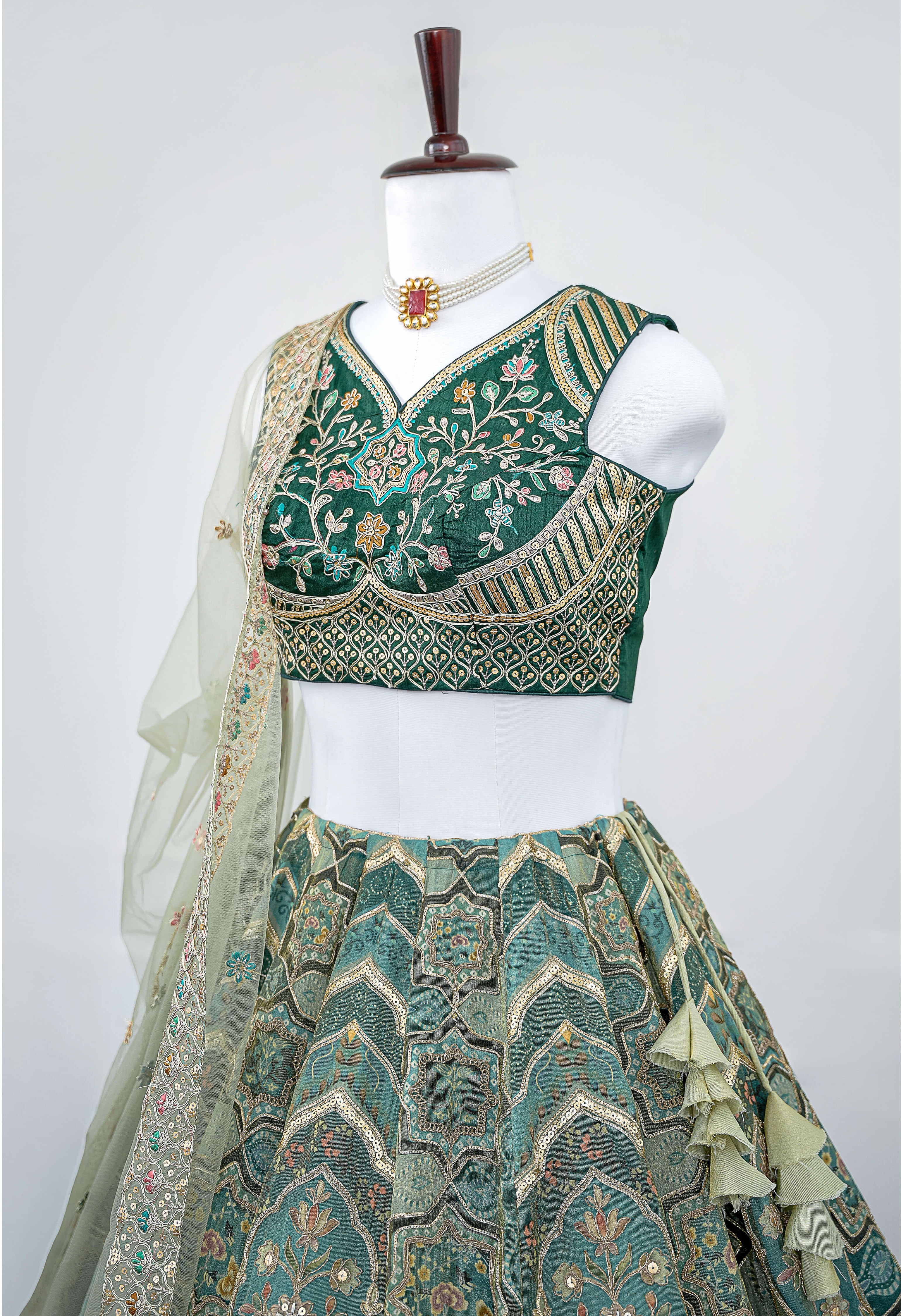 Olive Green Embroidered Lehenga Set with Organza Dupatta