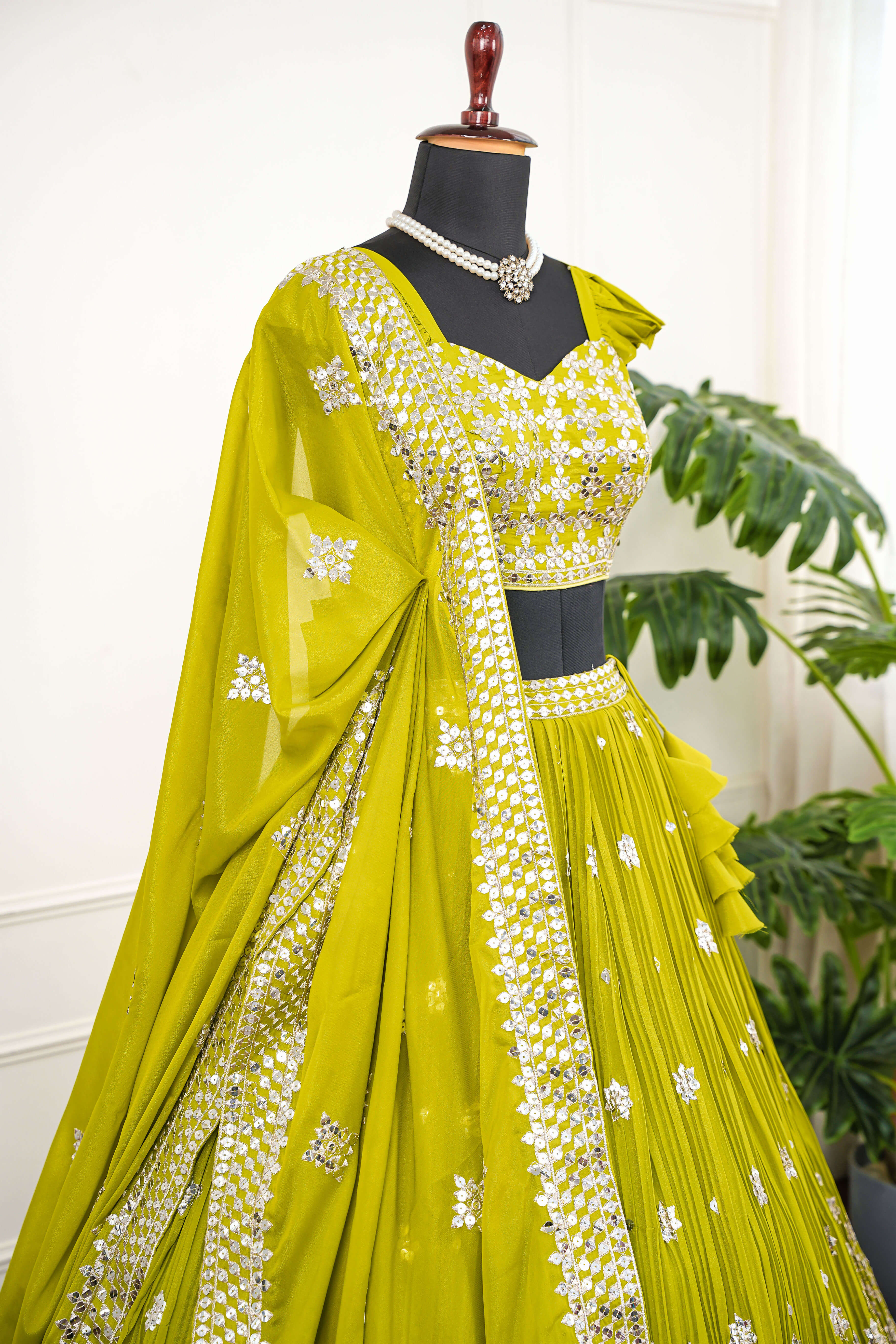 Lime Green Mirror Embellished Lehenga Set