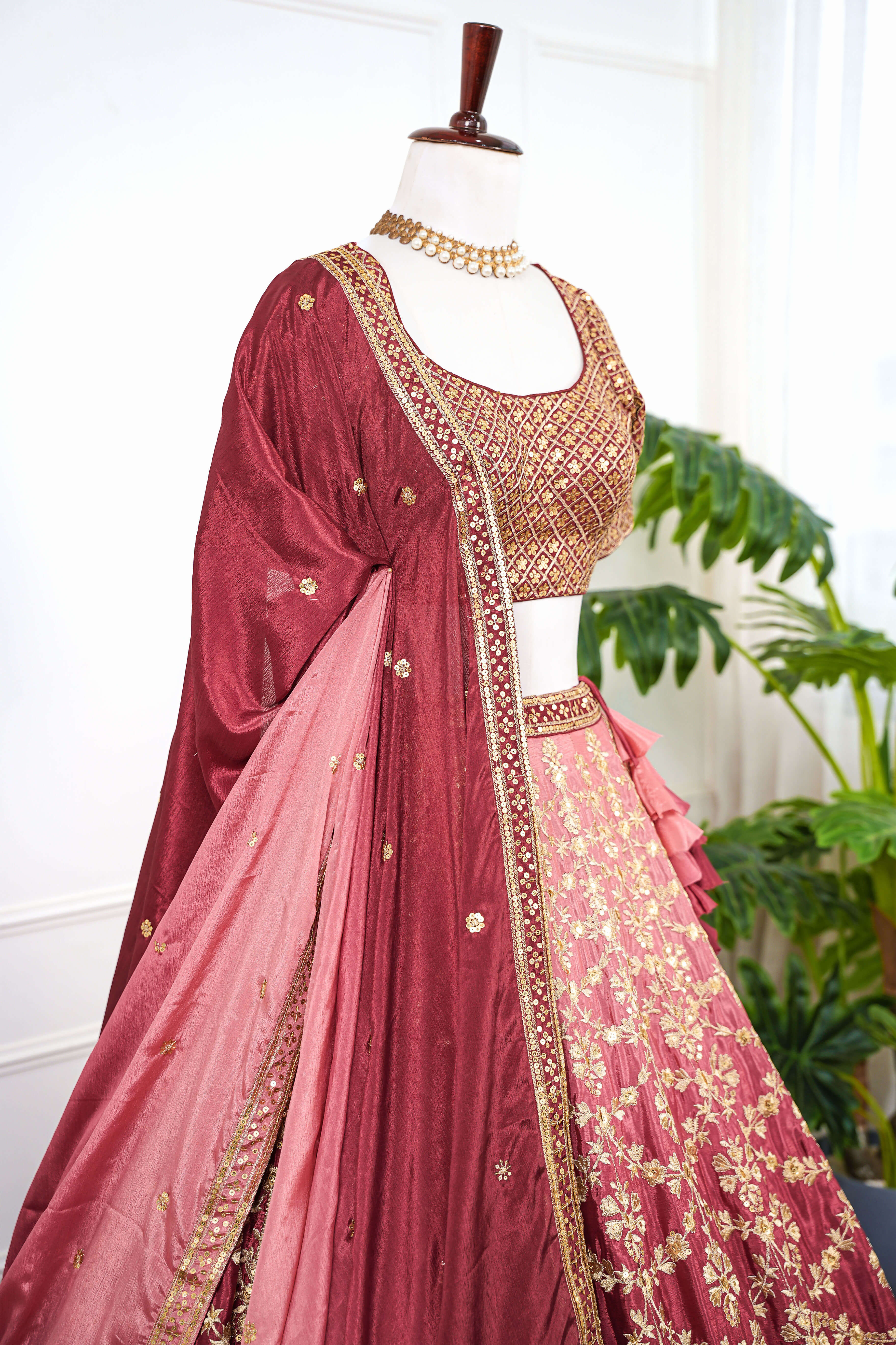 Maroon Pink Zari Embroidered Bridal Lehenga Set