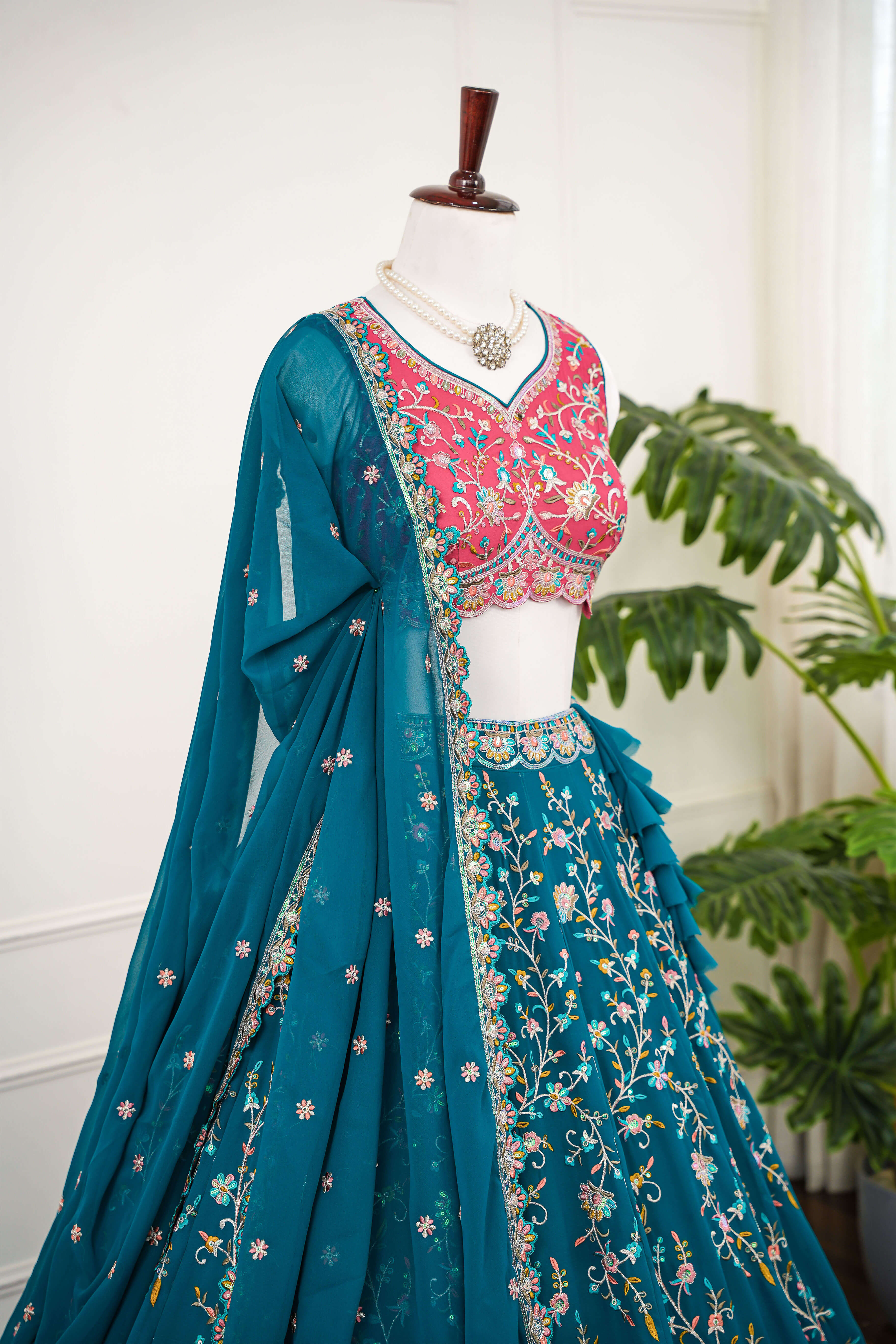 Teal & Pink Multicolor Embroidered Lehenga Set