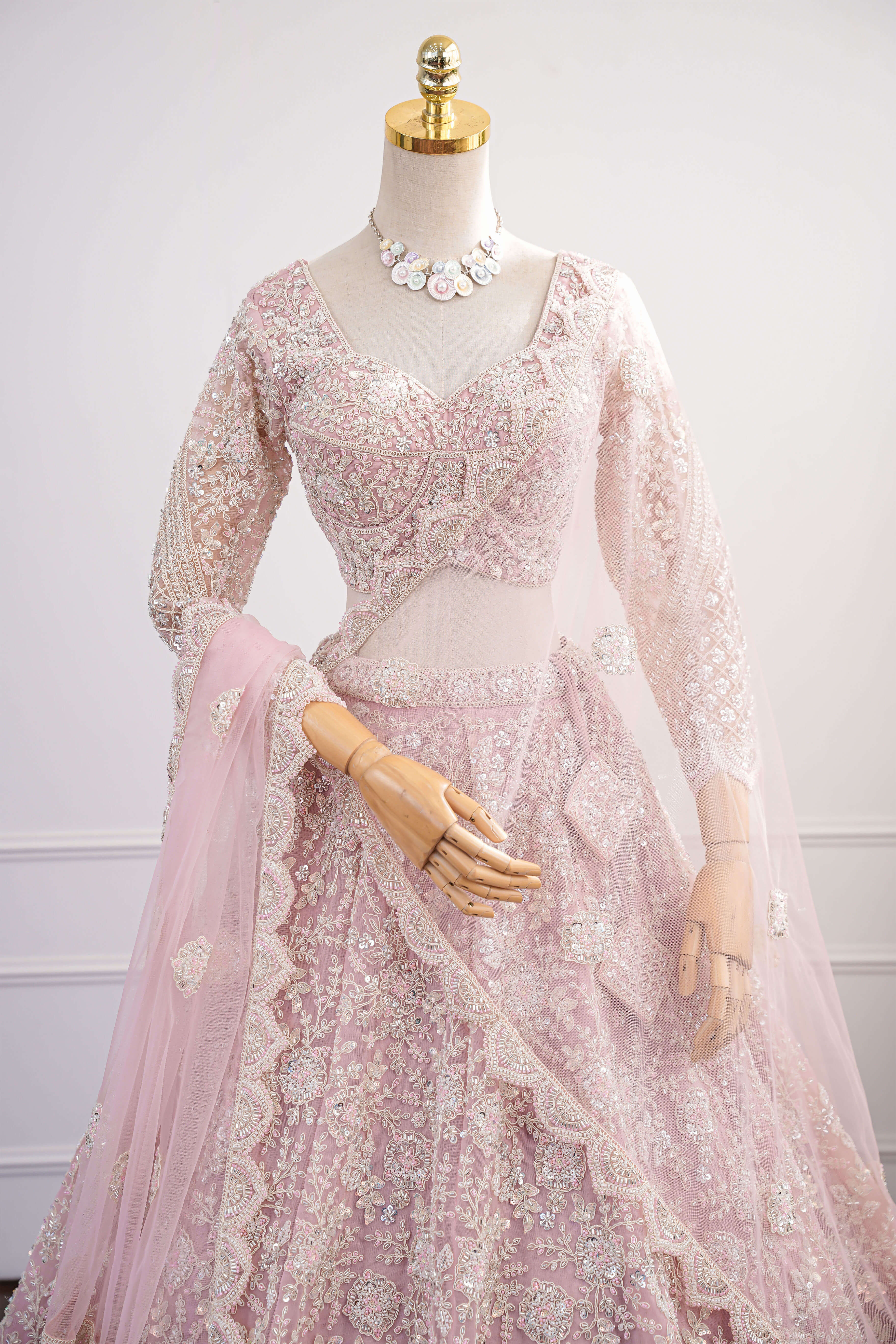 Blush Pink Net Lehenga with All-Over Elegant Embroidery Details
