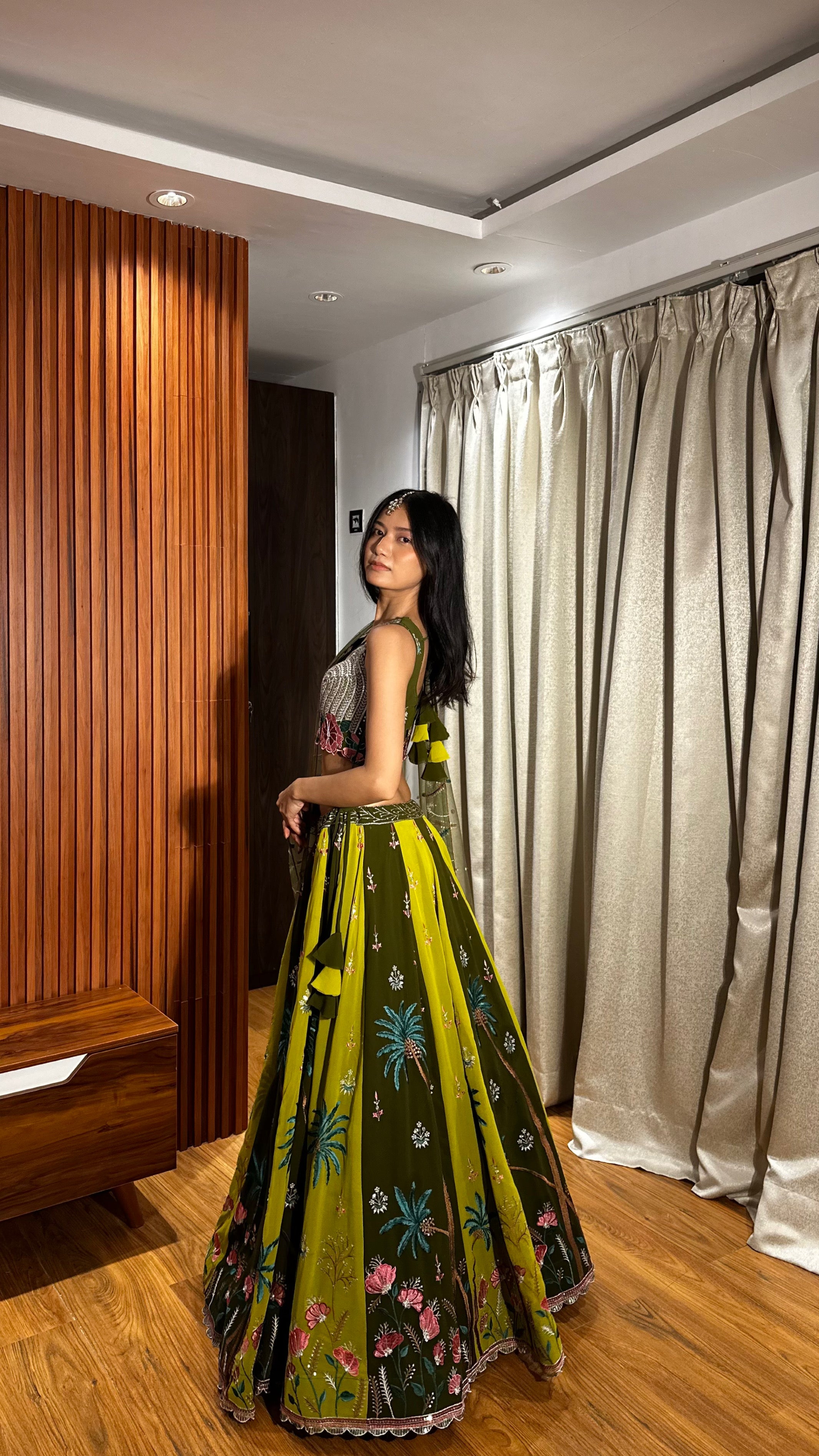 Mehndi & Green Tropical Embroidered Lehenga Set