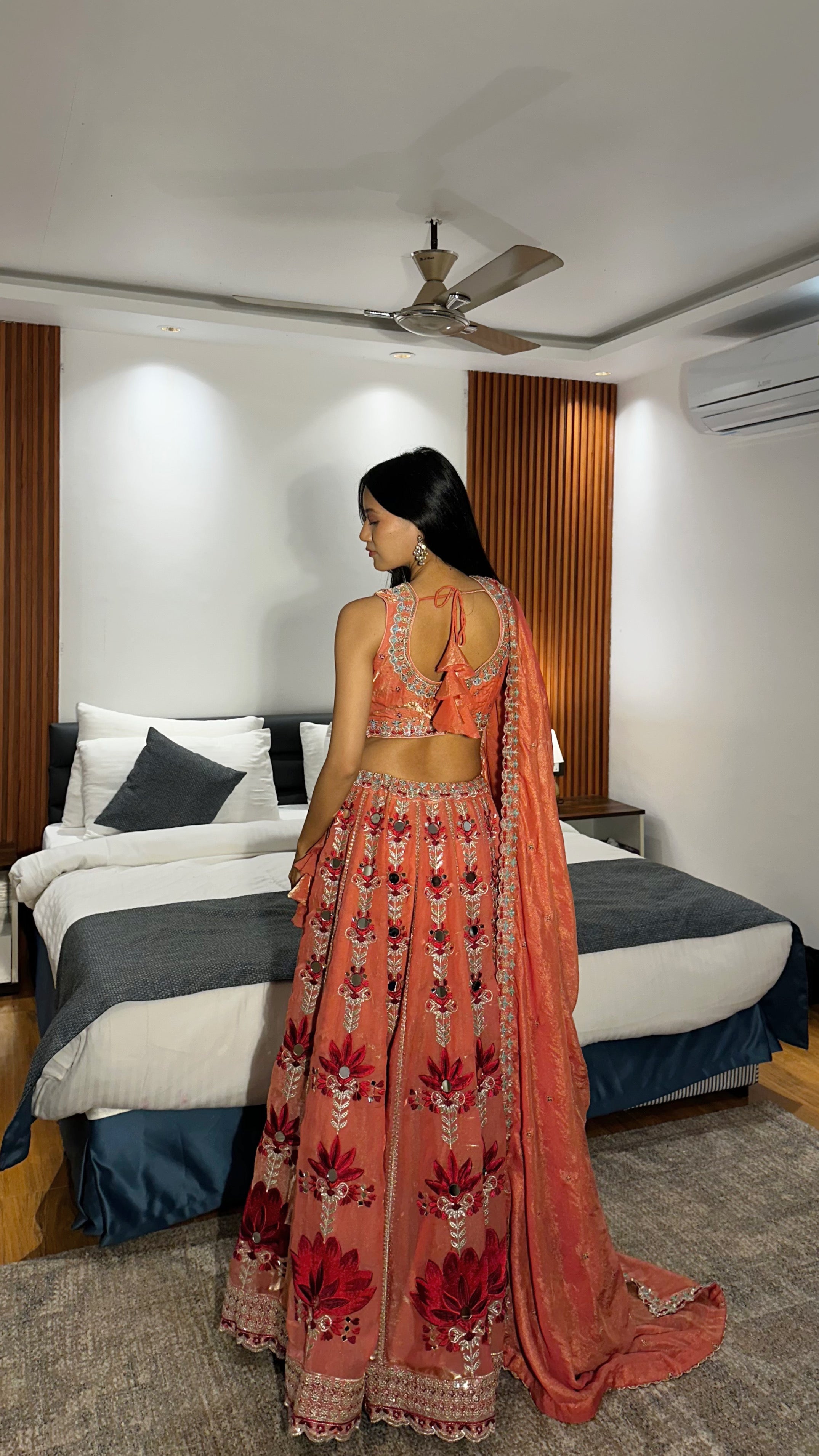 Peach Pink Embroidered Lehenga with Mirror Work