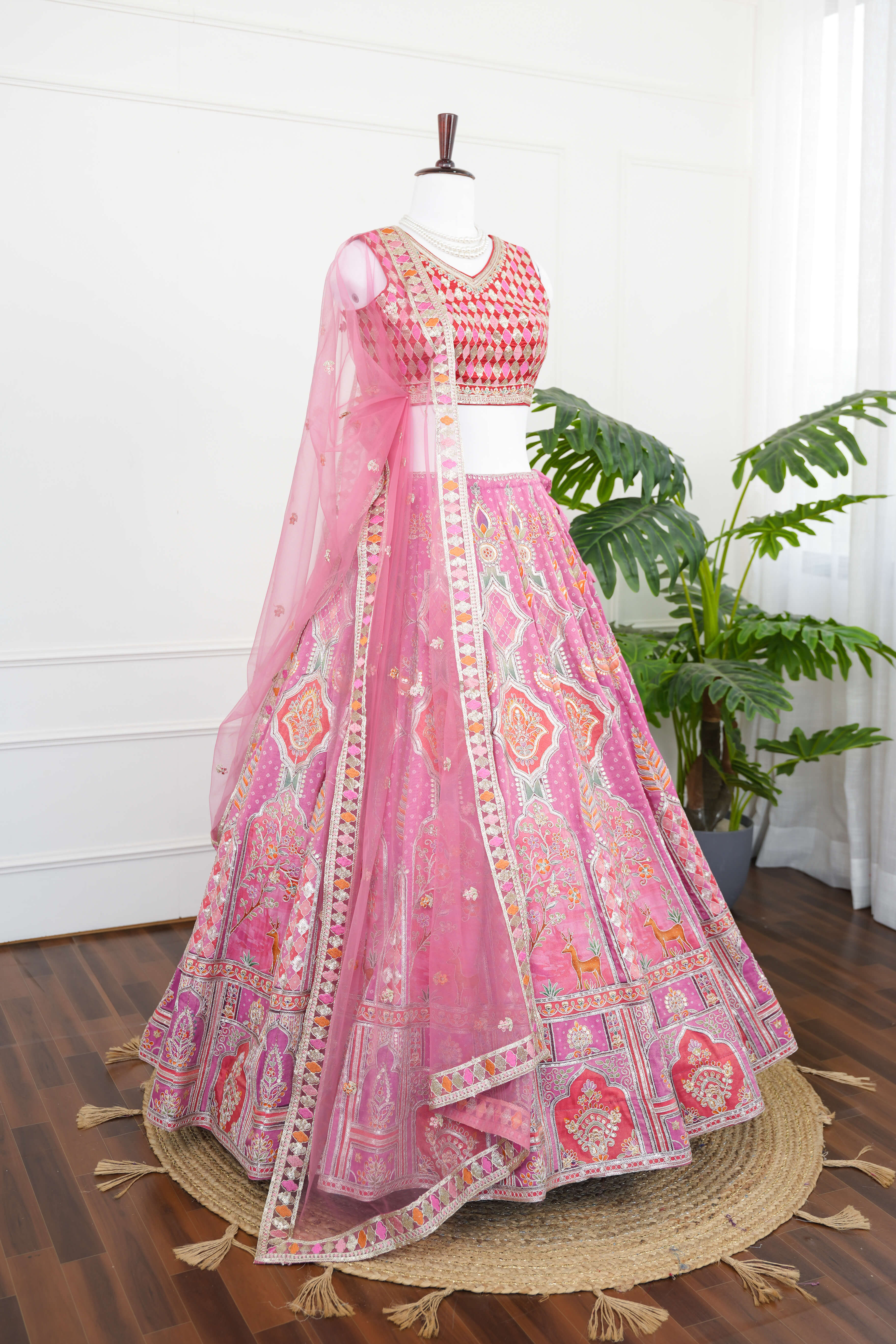 Vibrant Rajasthani Motif Pink Lehenga