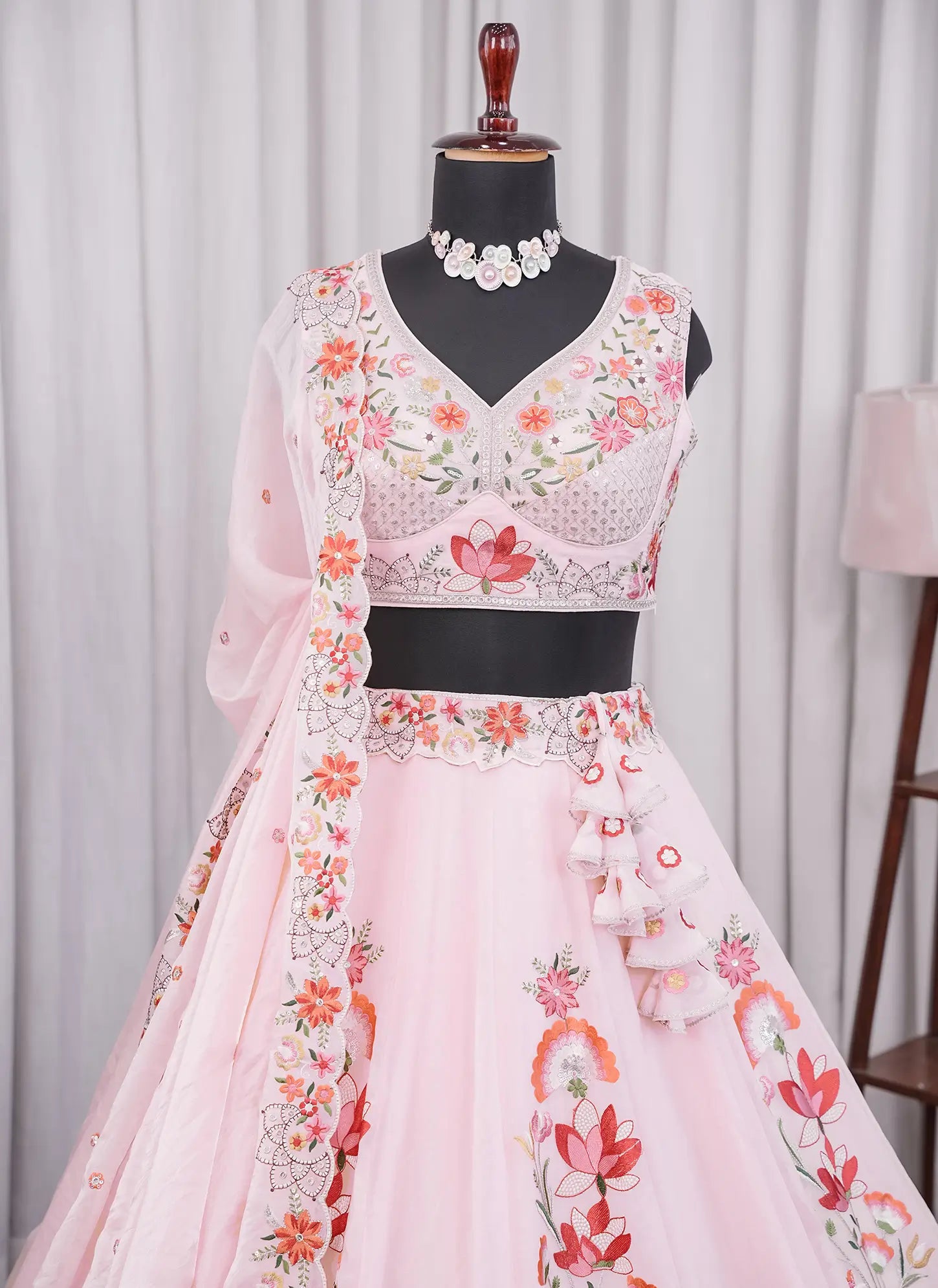 Pastel Pink Floral Embroidered Designer Lehenga Choli with Dupatta