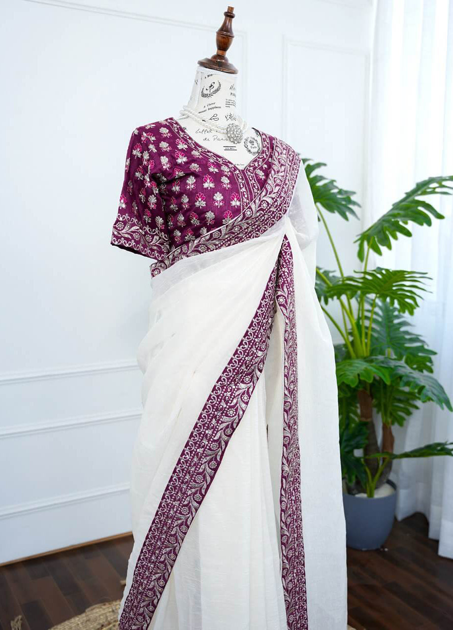 Elegant White and Purple Embroidered Saree Set
