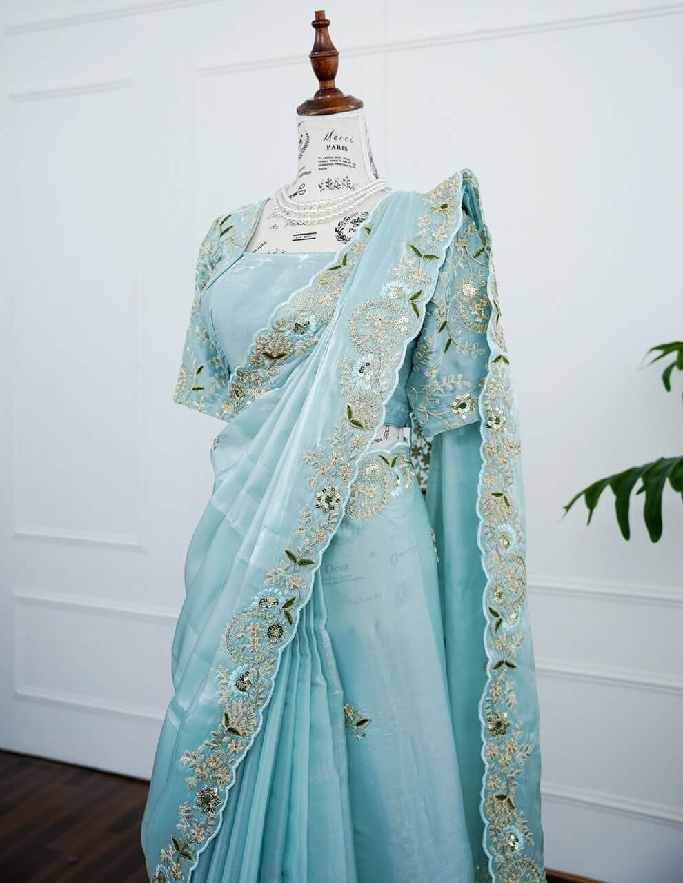 Elegant Sky Blue Embroidered Saree