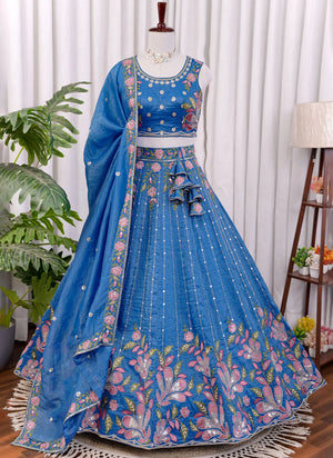 Side view of sky blue floral embroidered lehenga choli with elegant dupatta