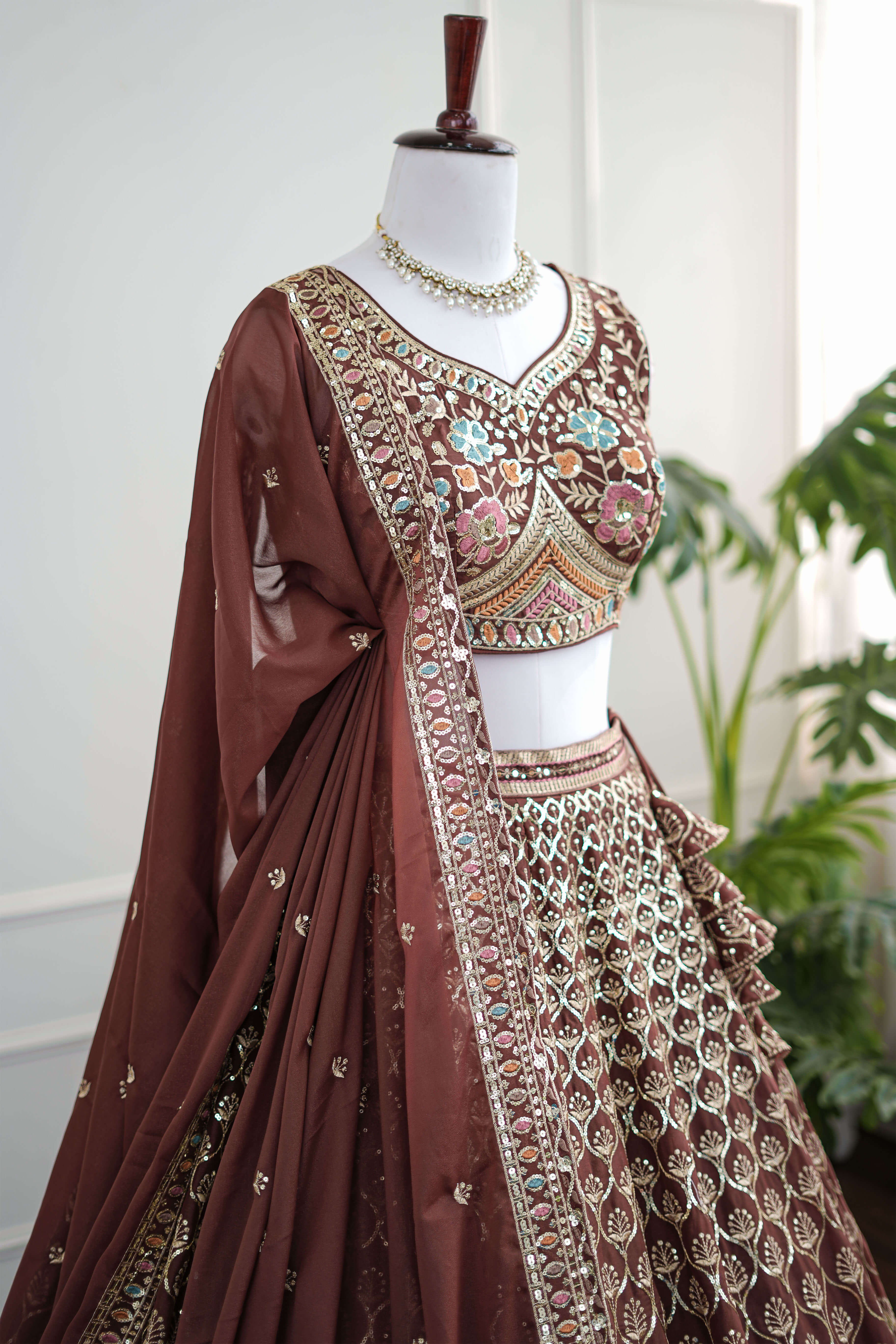 Chocolate Brown Embroidered Bridal Lehenga Set