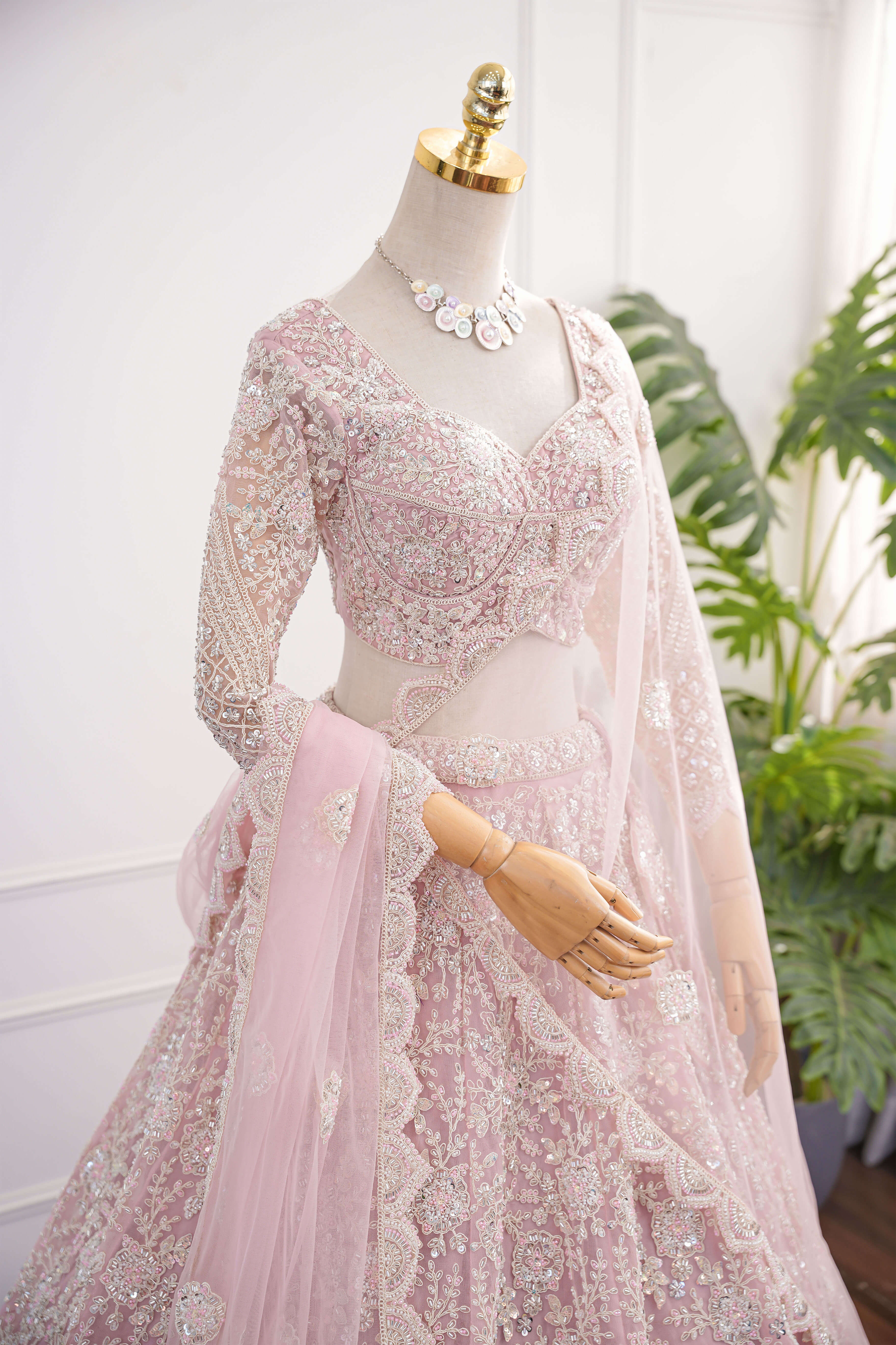 Blush Pink Net Lehenga with All-Over Elegant Embroidery
