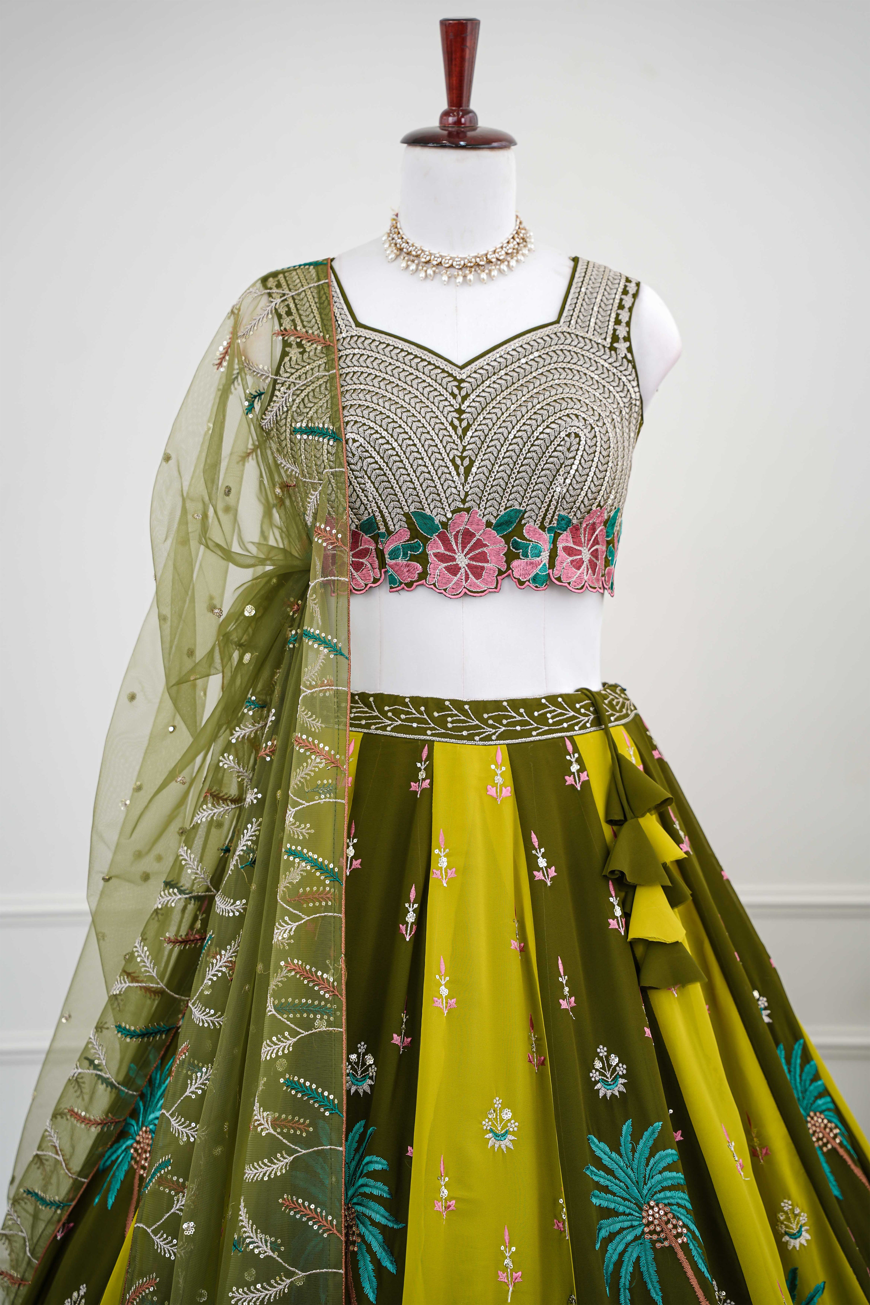 Mehndi & Green Tropical Embroidered Lehenga Set