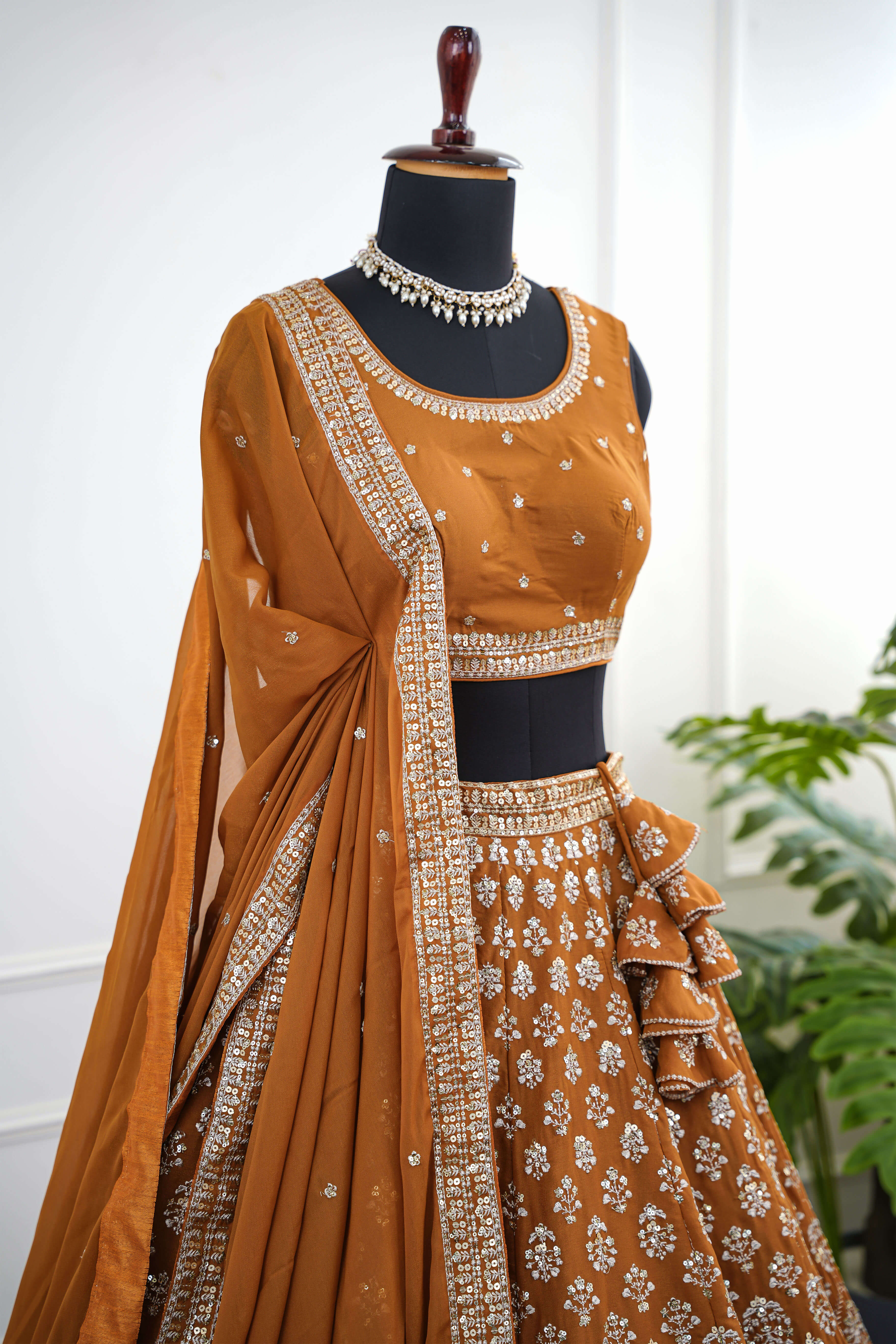Majestic Mustard Orange Sequence Work Lehenga Set
