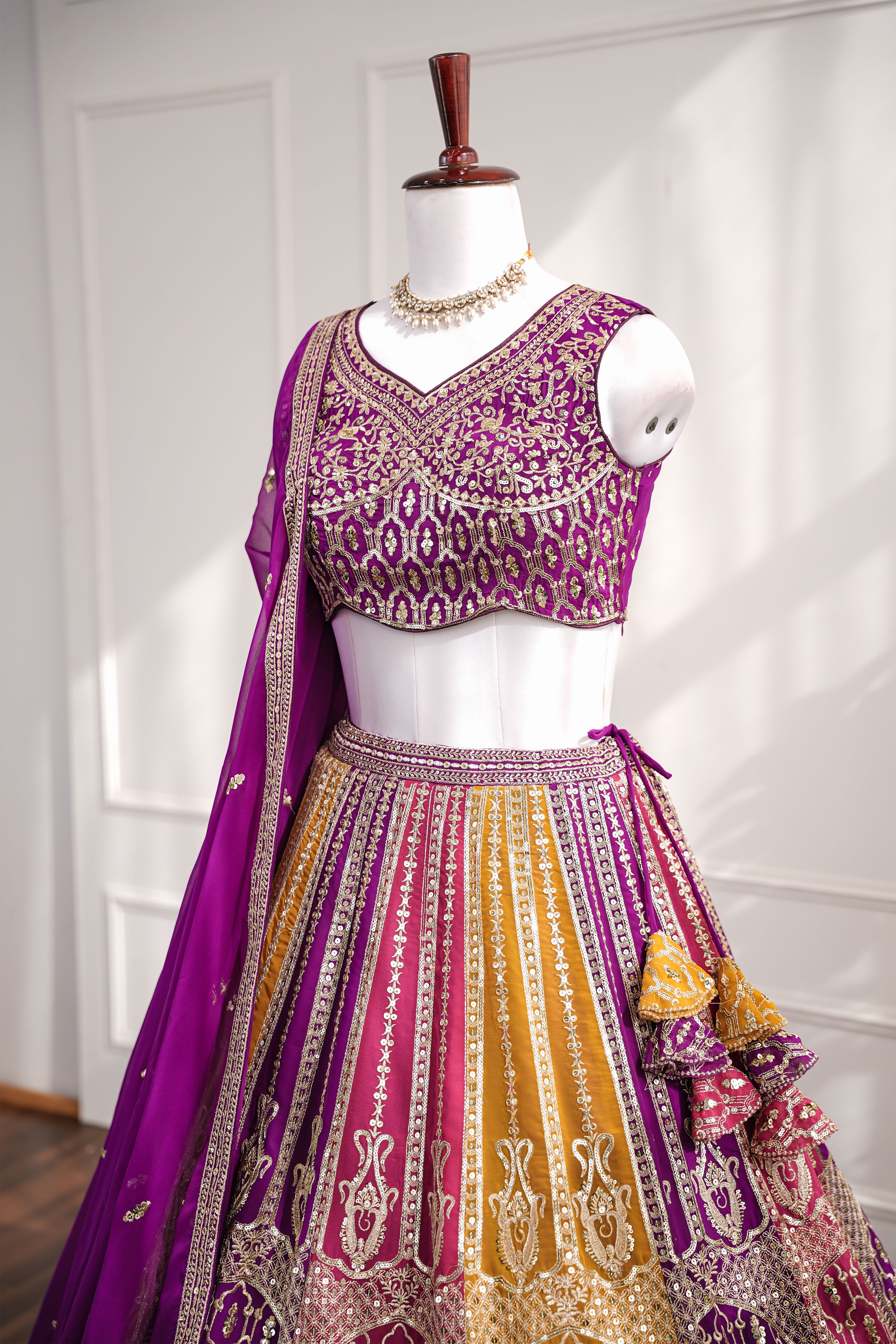 Purple & Yellow Dual-Tone Embroidered Lehenga