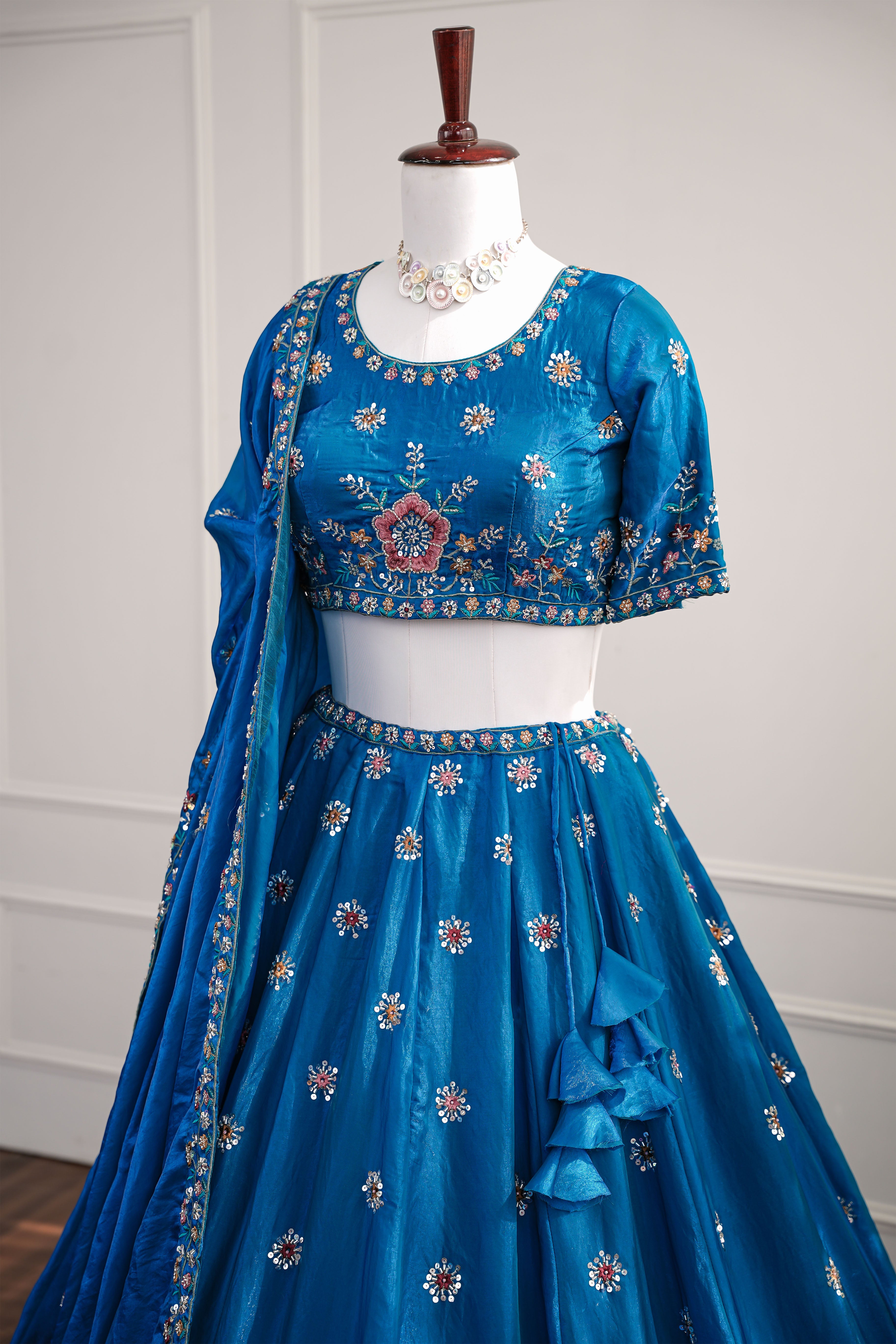 Regal Royal Blue Lehenga with Multicolor Floral Embroidery