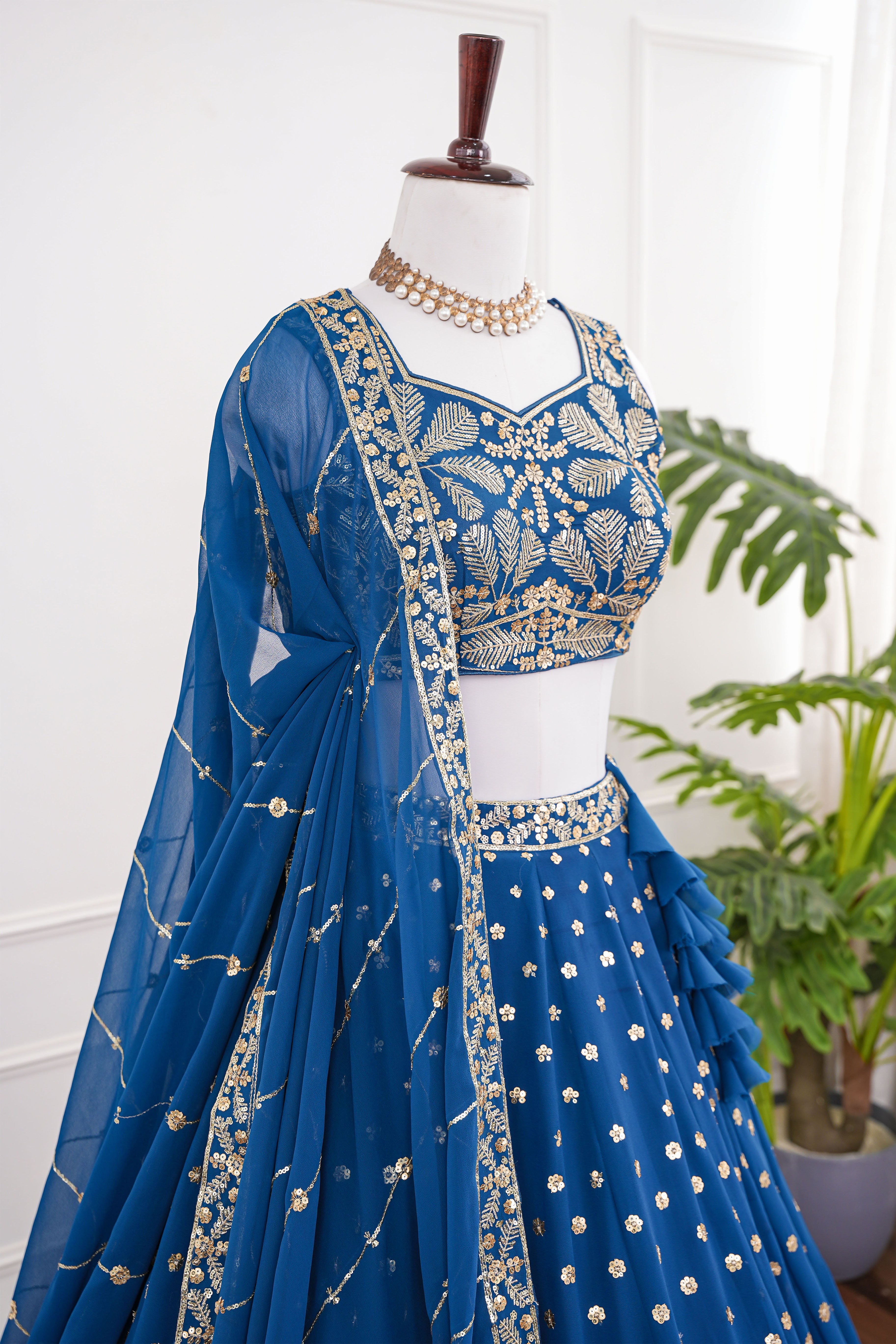 Royal Blue Embroidered Lehenga with Golden Detailing