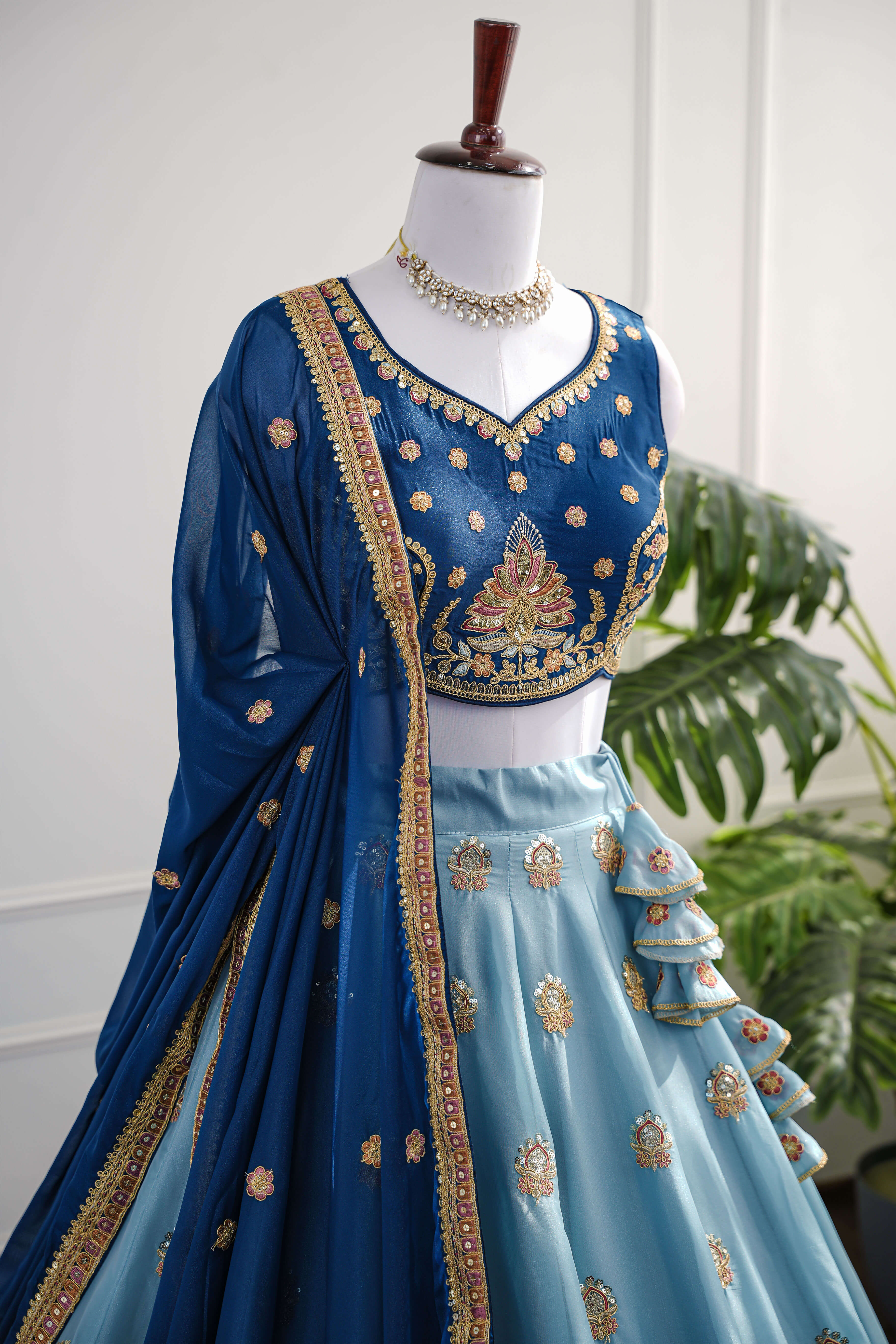 Regal Navy & Sky-Blue Embroidered Lehenga Set