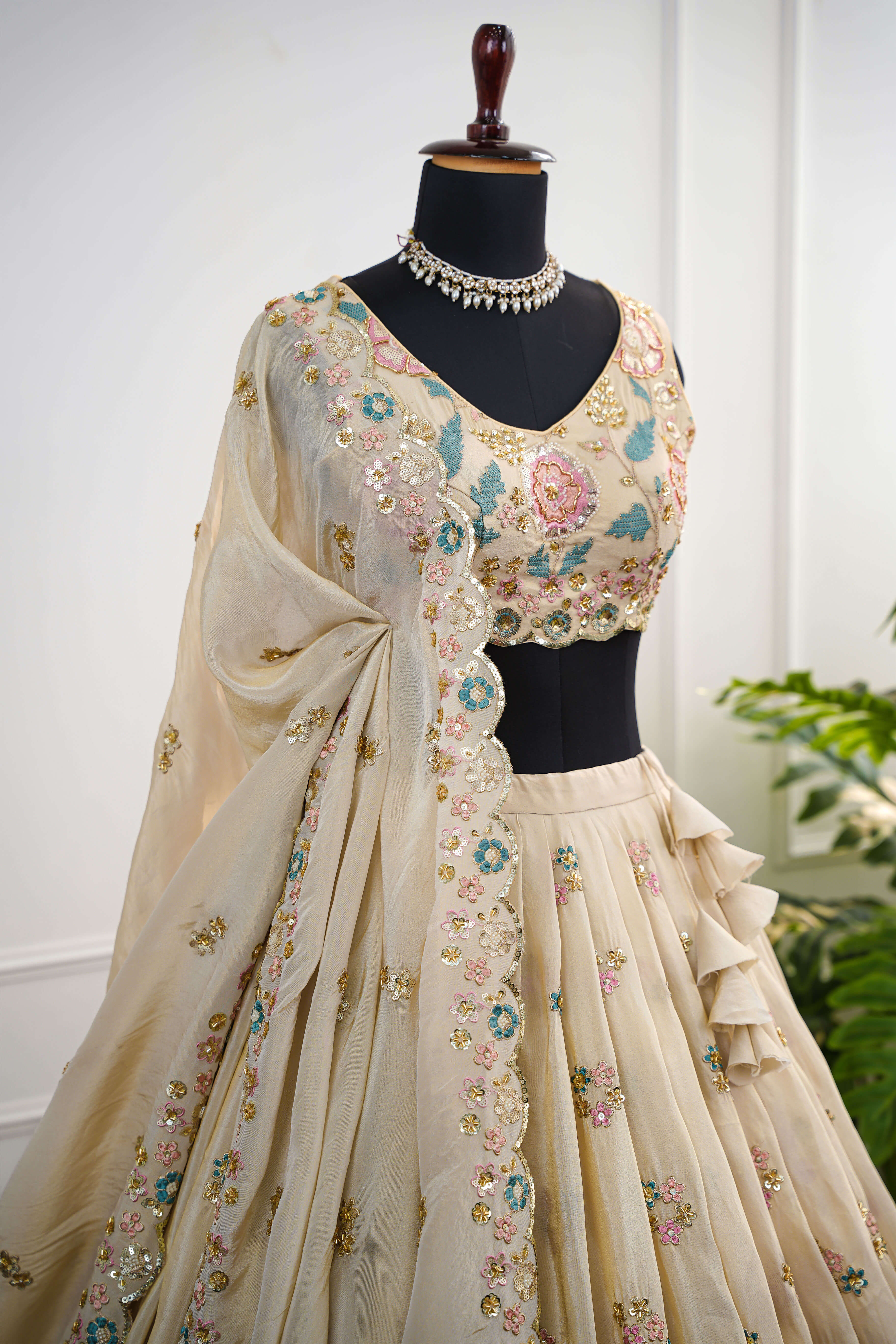 Elegant Beige Floral Embroidered Lehenga Set
