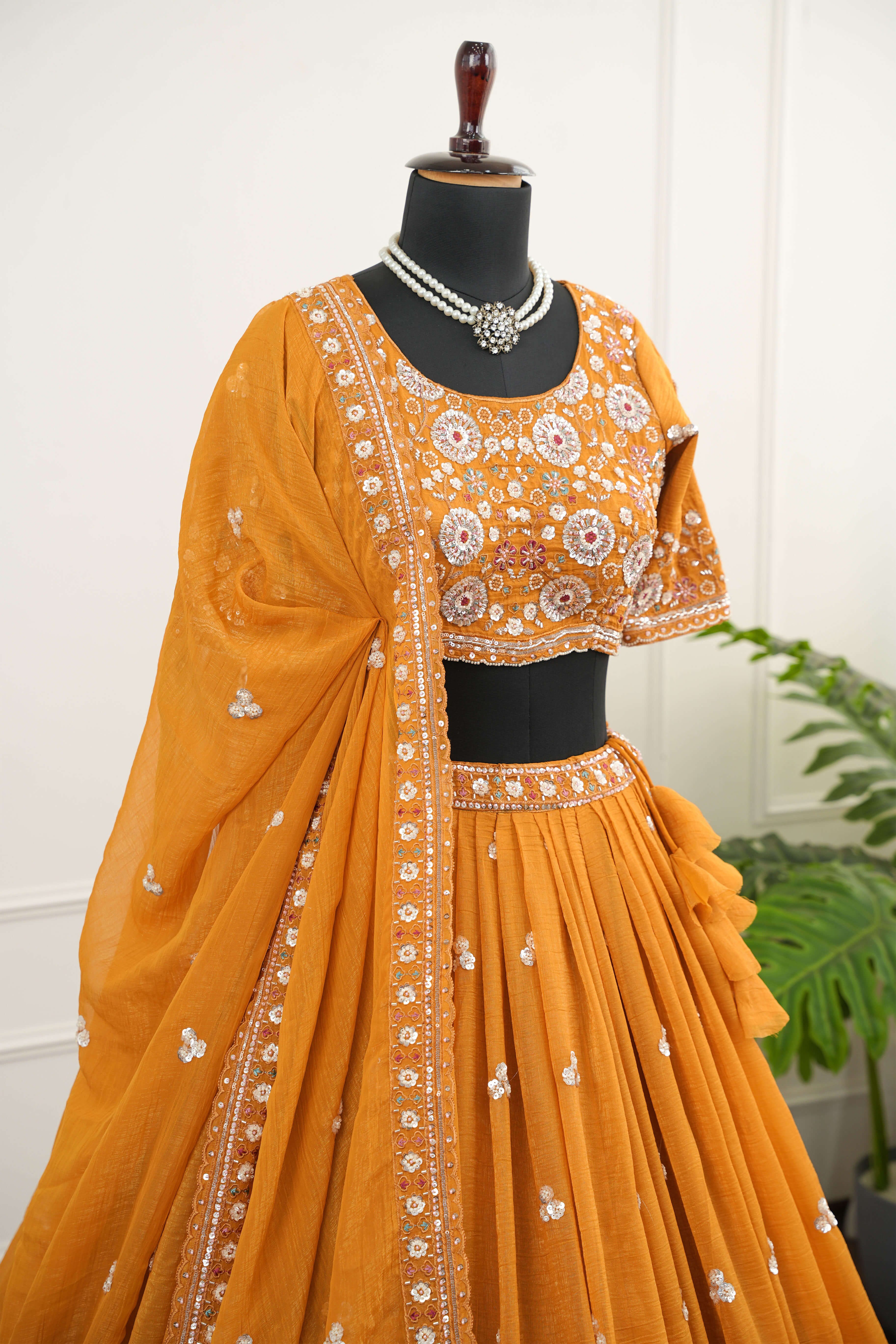 Majestic Mustard Orange Sequence and beads work Lehenga Set