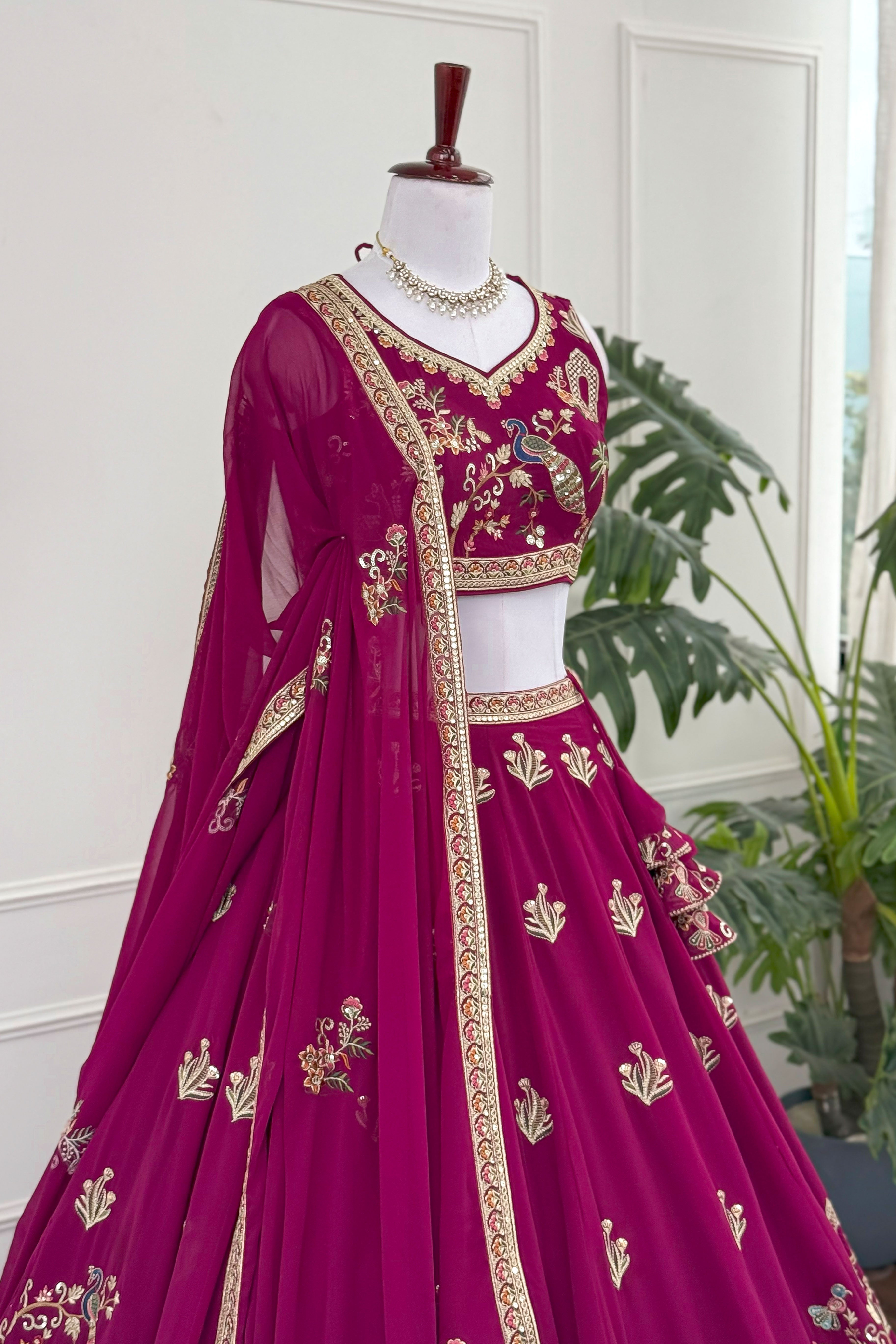 Magenta Embroidered Lehenga with Peacock & Elephant Motifs