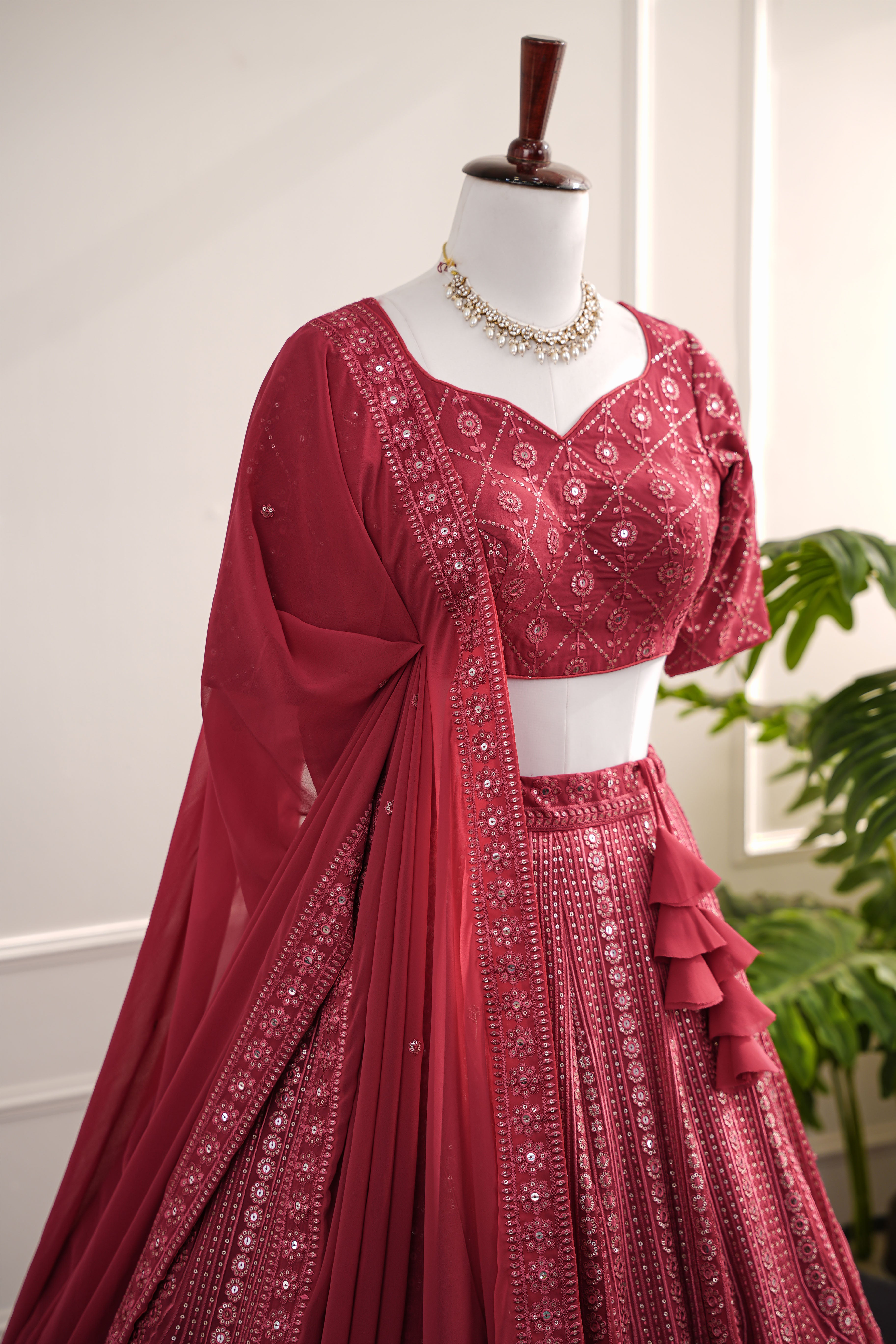 Radiant Maroon Georgette Lehenga with Tonal Embroidery & Tassels
