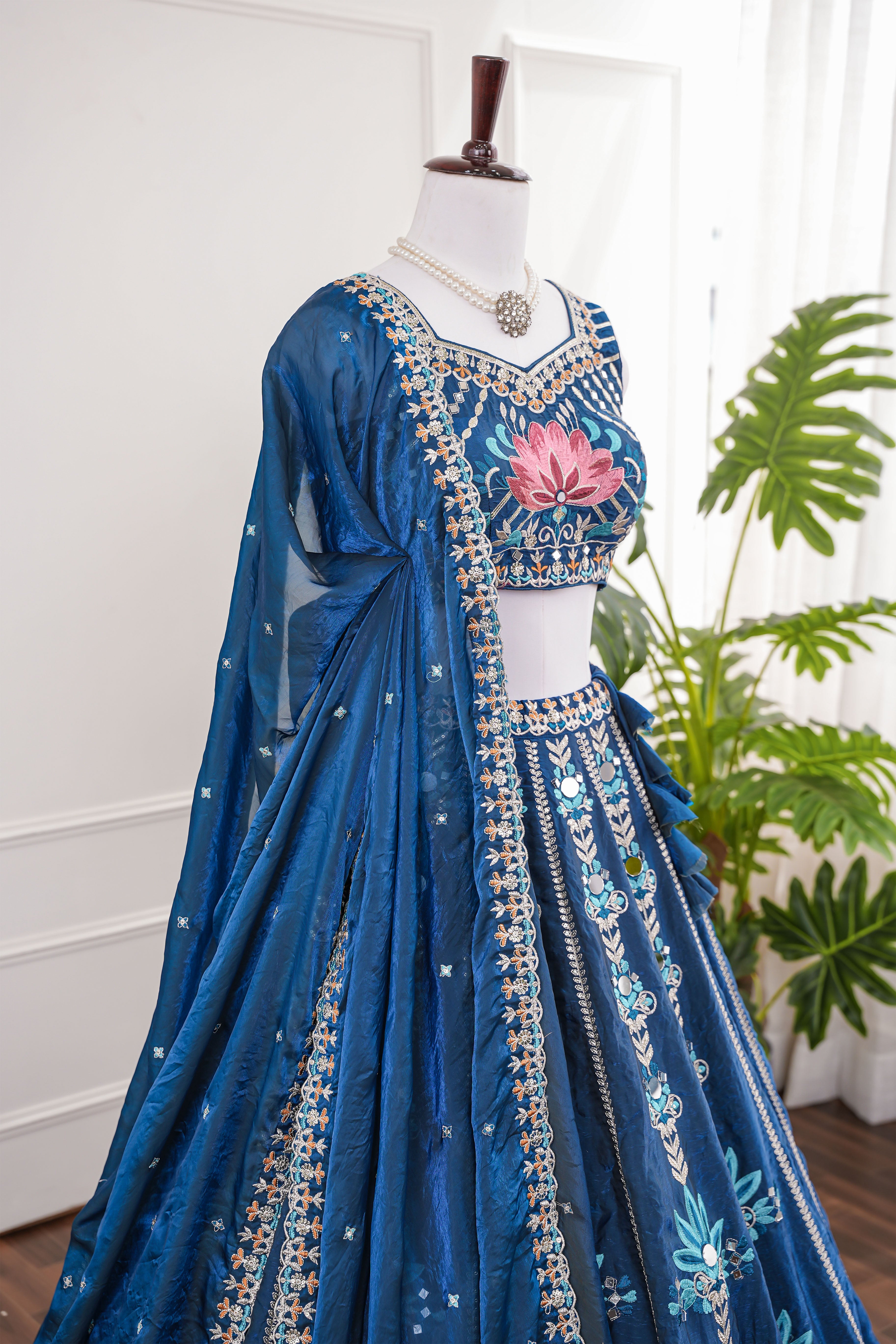 Blue Embroidered Lehenga with Mirror Work