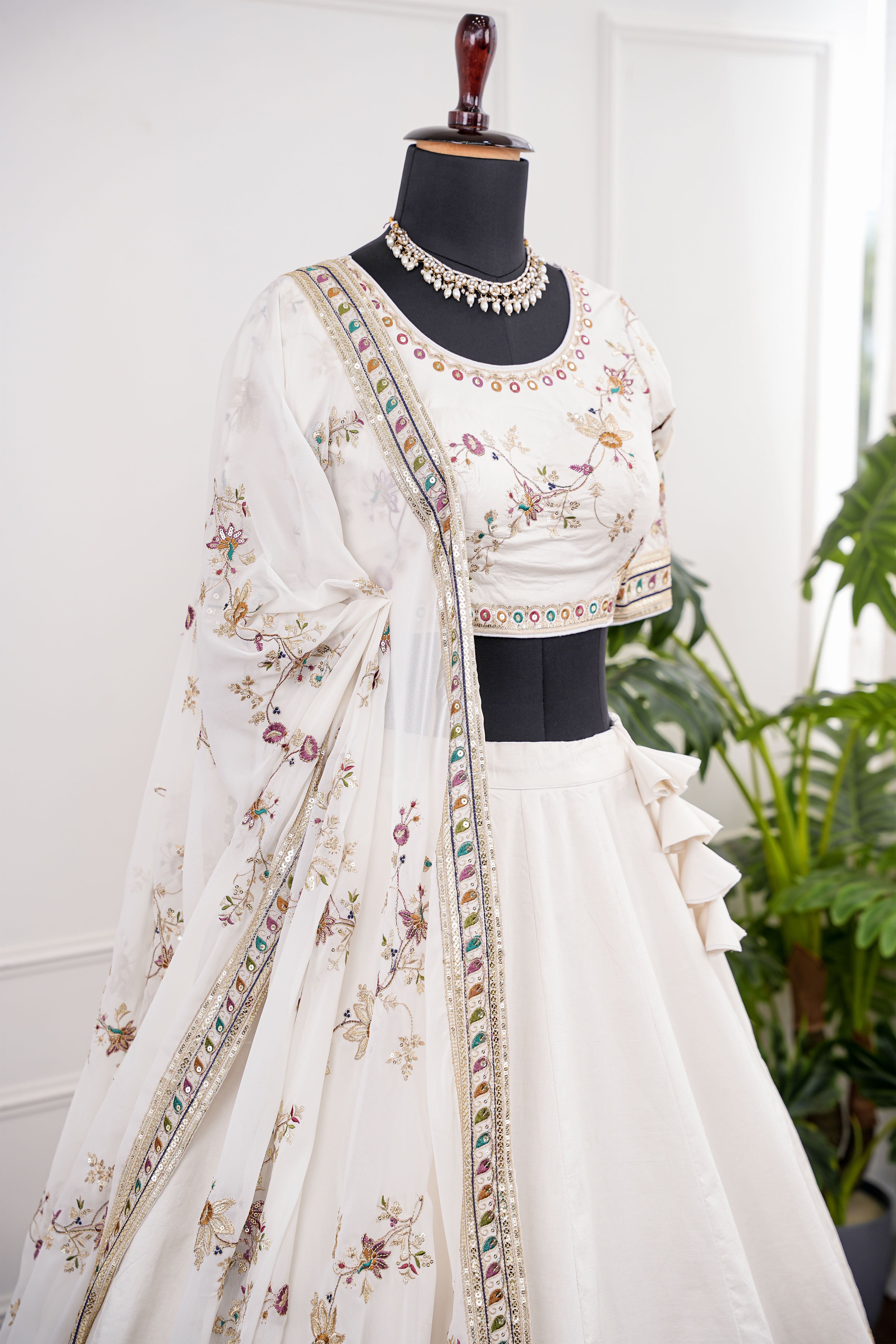 Ivory Embroidered Lehenga with Multicolor Detailing