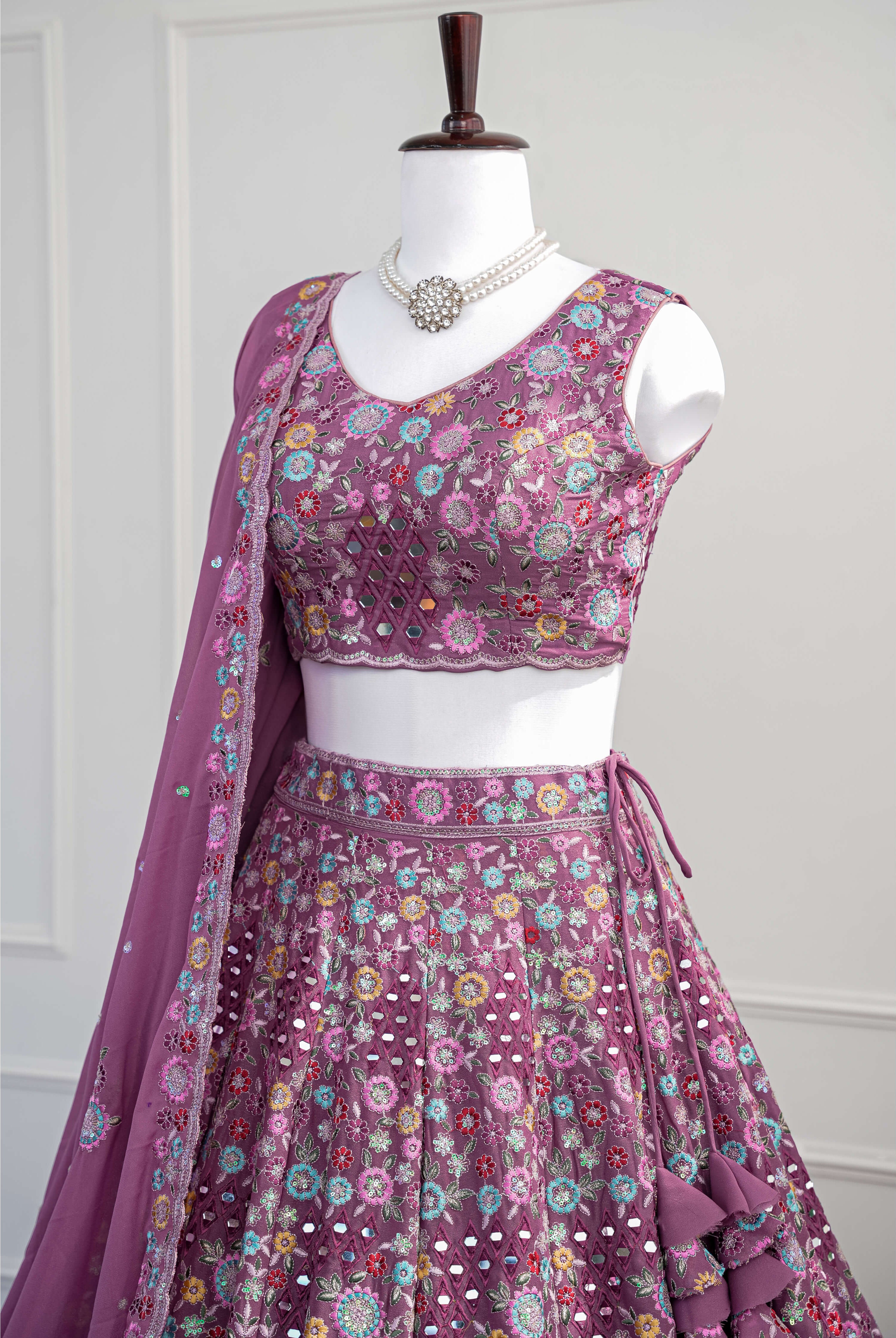 Mauve Mirror and Thread Embroidered Lehenga Set with Dupatta