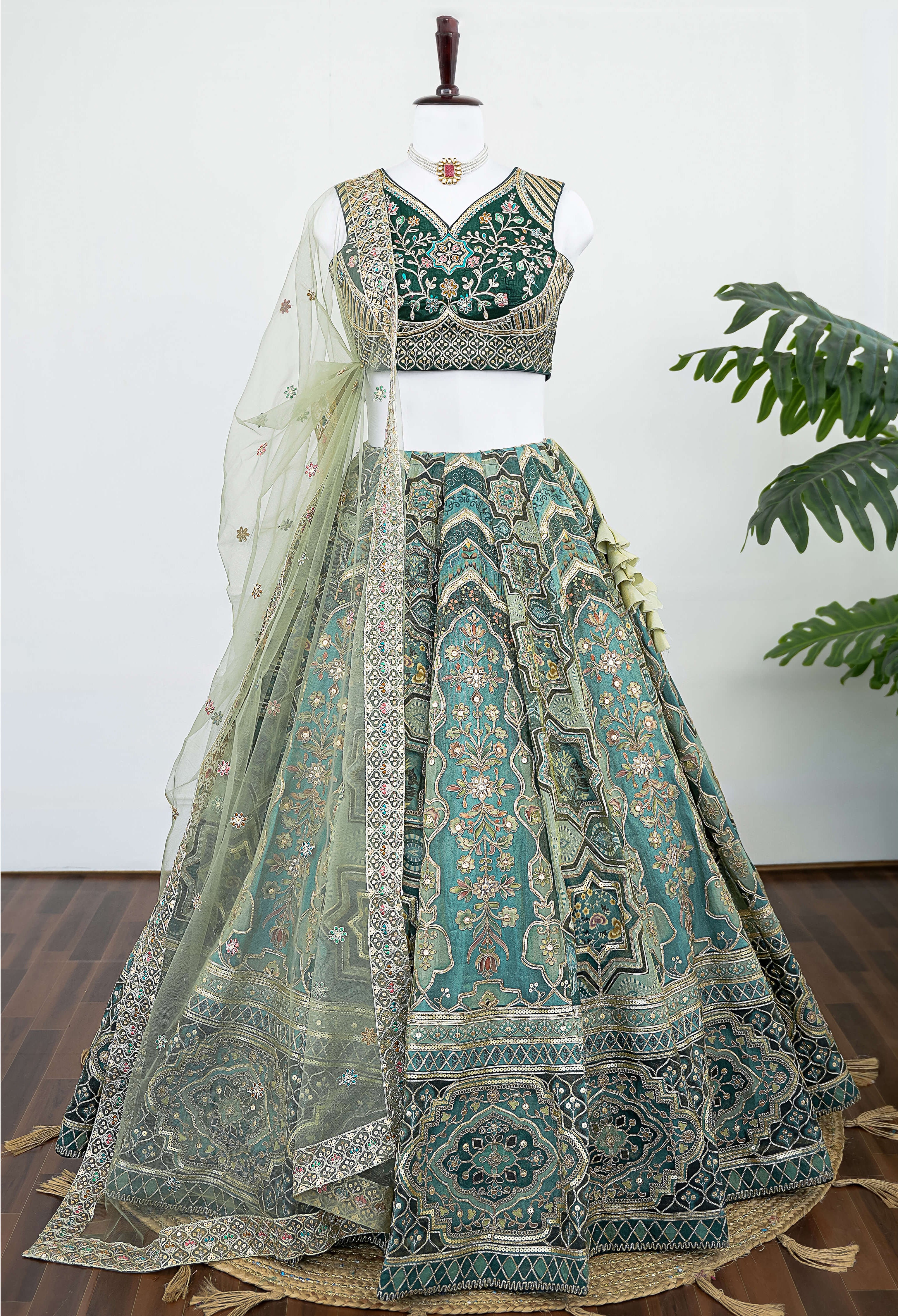 Olive Green Embroidered Lehenga Set with Organza Dupatta