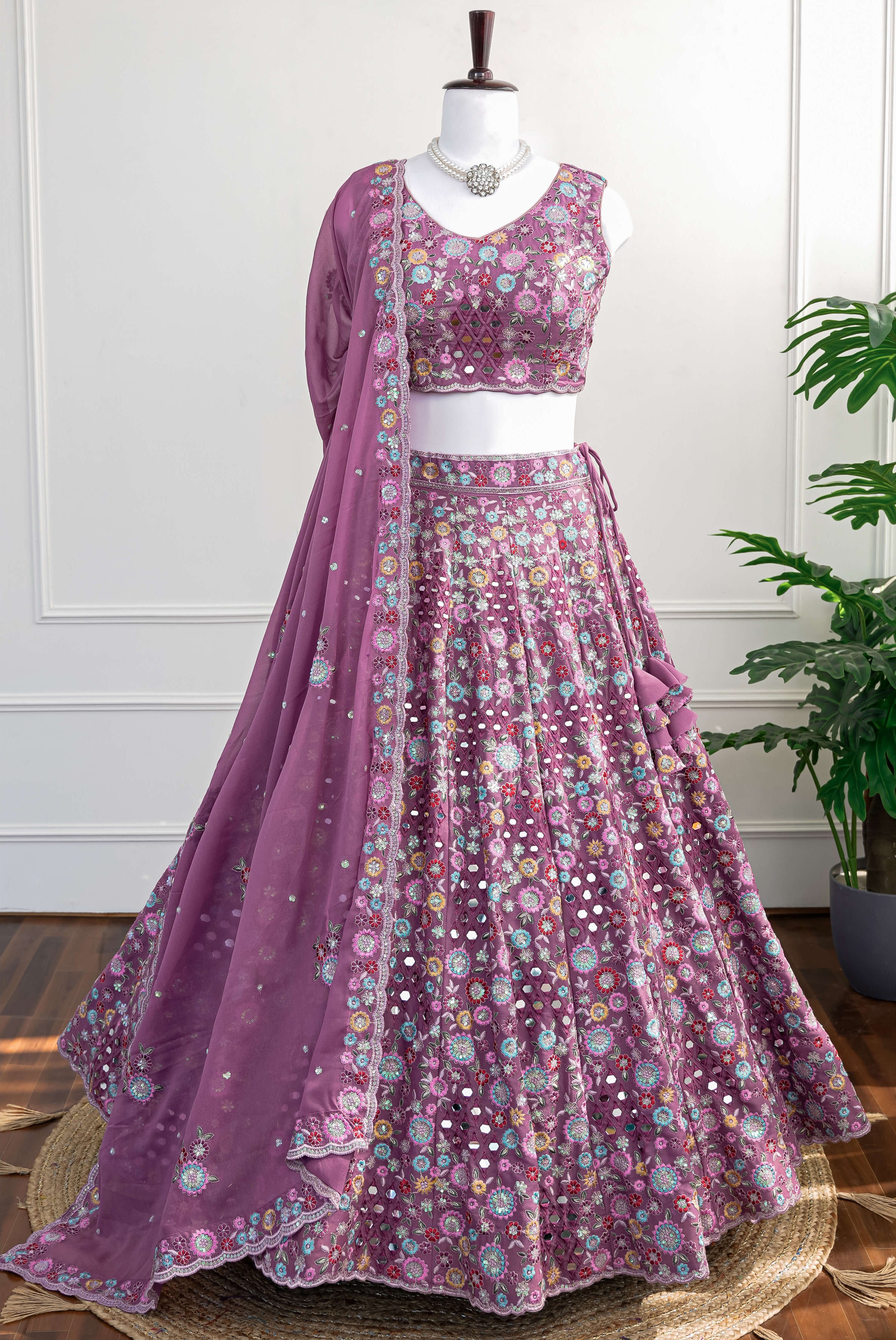 Mauve Mirror and Thread Embroidered Lehenga Set with Dupatta