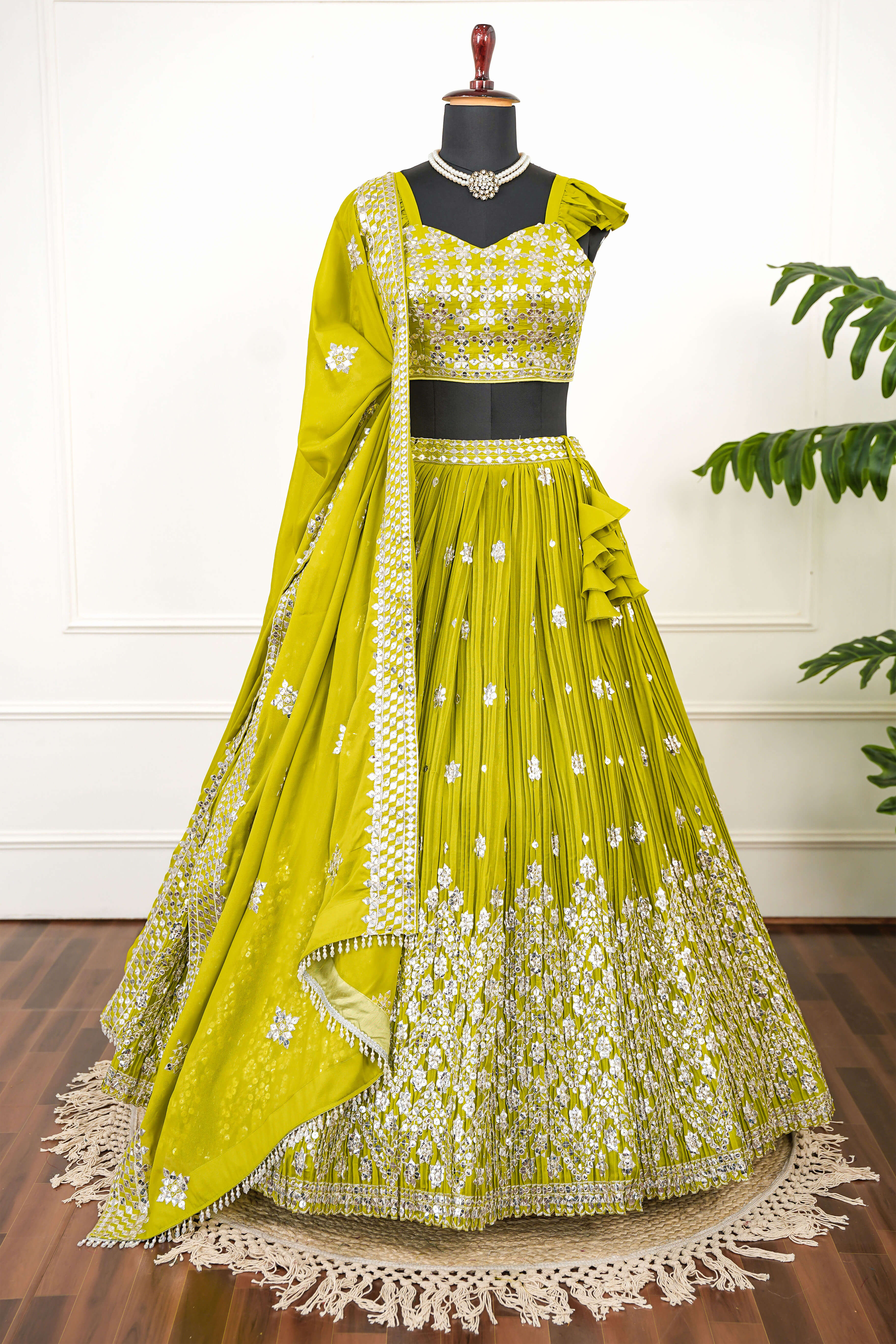 Lime Green Mirror Embellished Lehenga Set