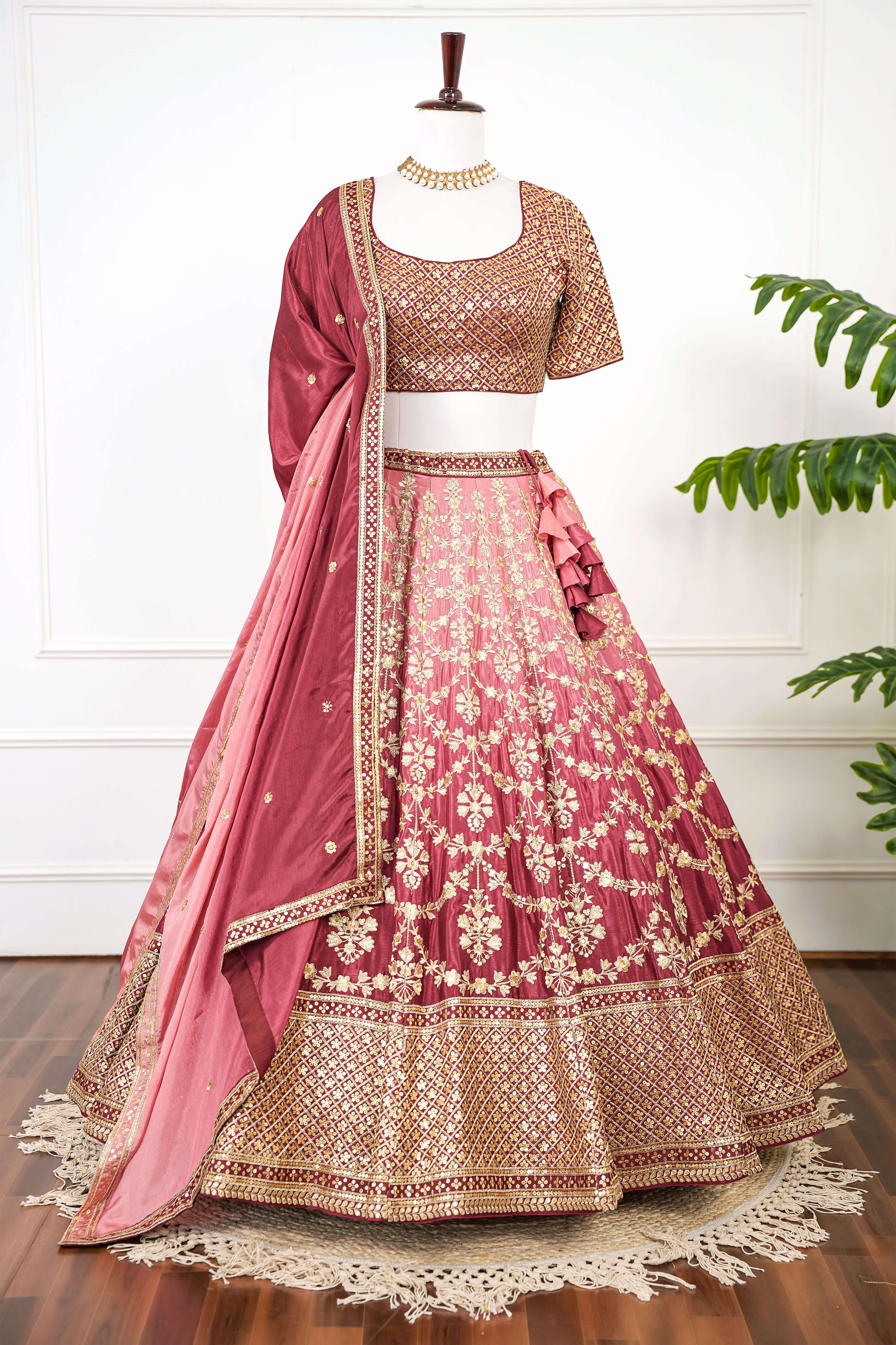 Maroon Pink Zari Embroidered Bridal Lehenga Set