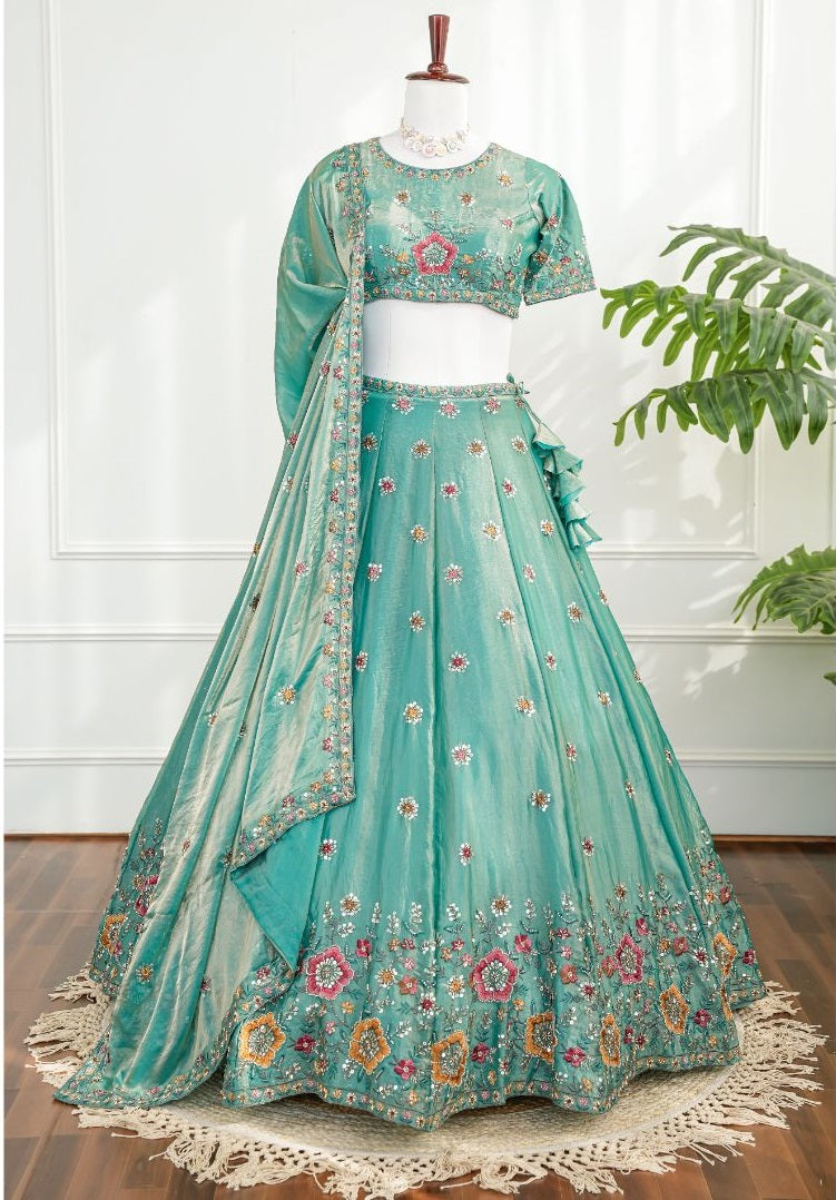 Aqua Blue Lehenga with Multicolor Floral Embroidery