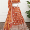 Rust Orange Mirror &amp; Thread Embroidered Lehenga Set