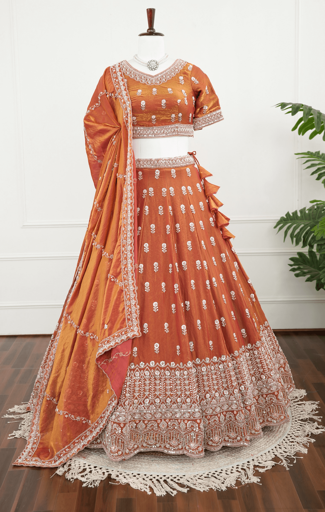 Rust Orange Mirror &amp; Thread Embroidered Lehenga Set