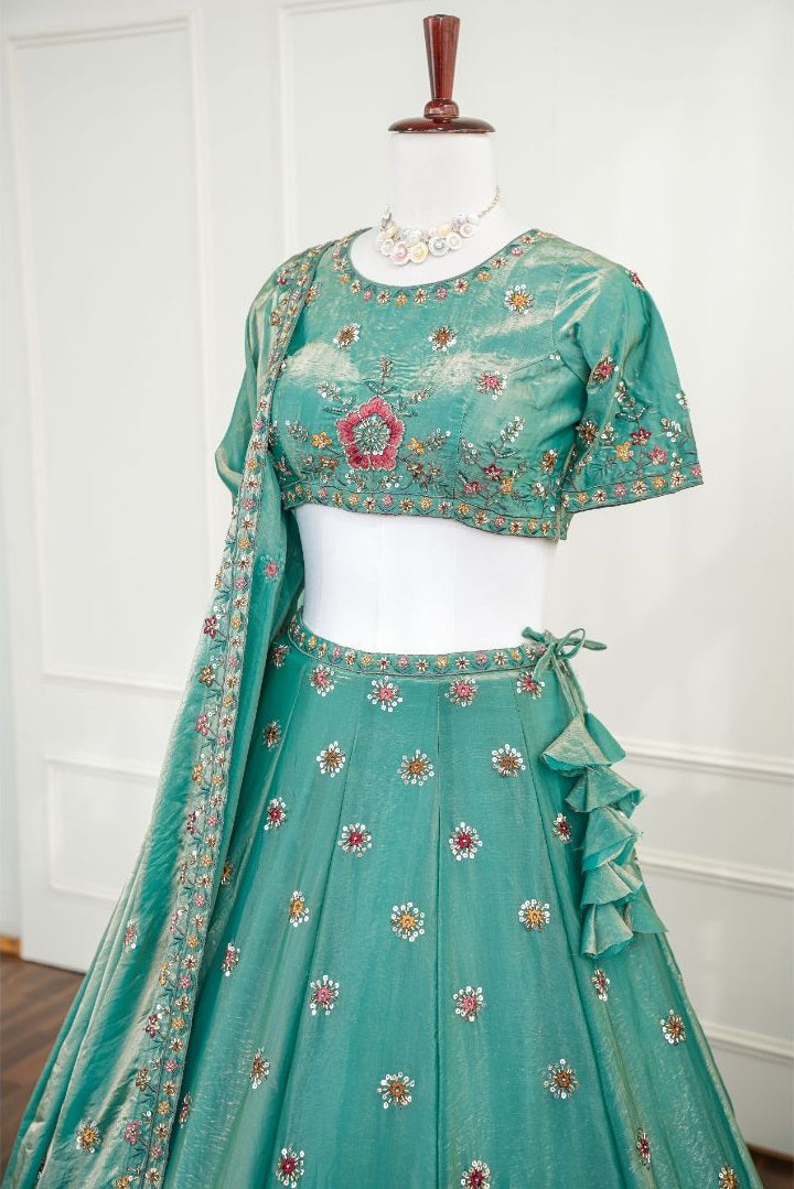 Aqua Blue Lehenga with Multicolor Floral Embroidery