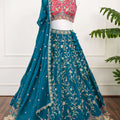 Teal & Pink Multicolor Embroidered Lehenga Set
