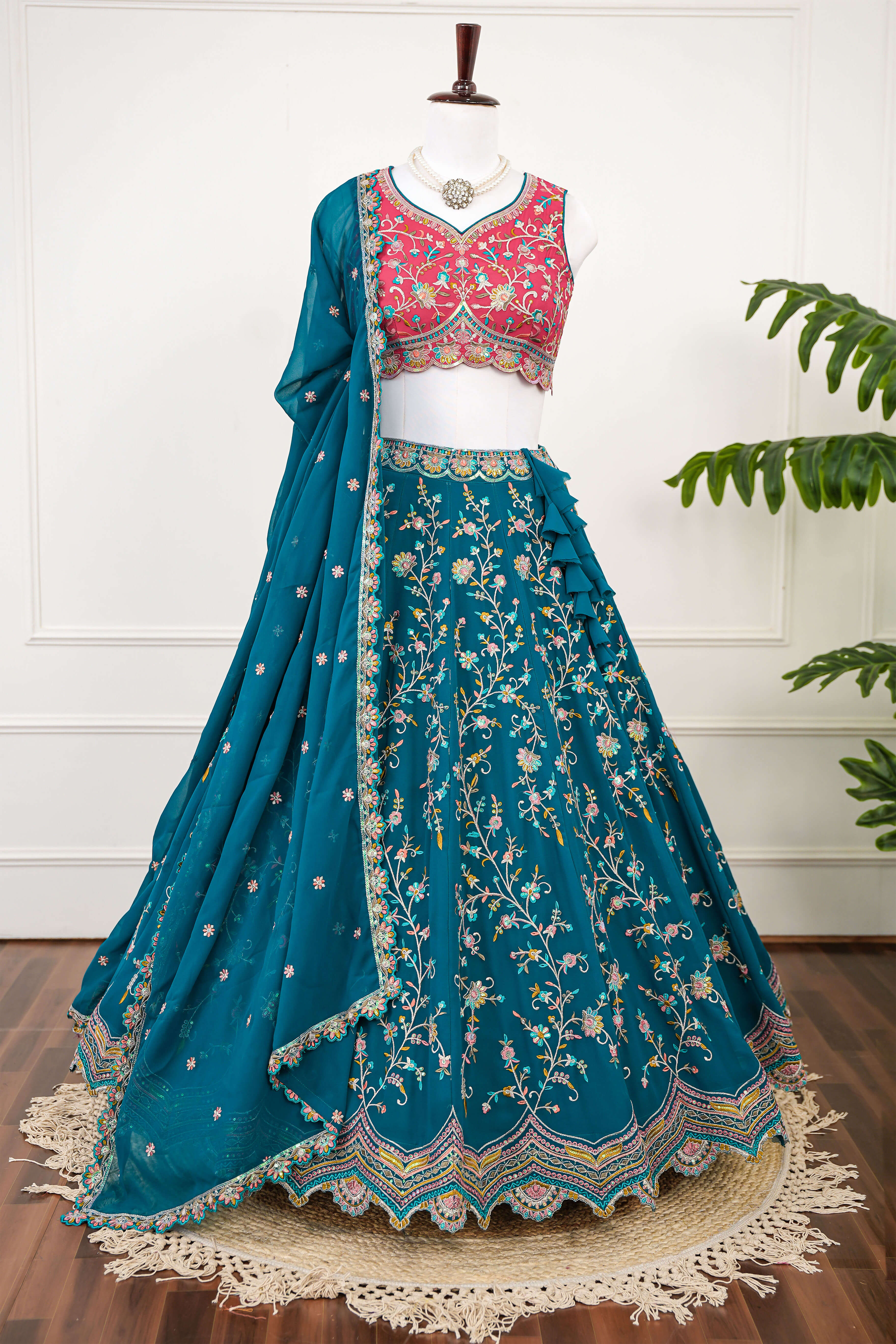 Teal & Pink Multicolor Embroidered Lehenga Set