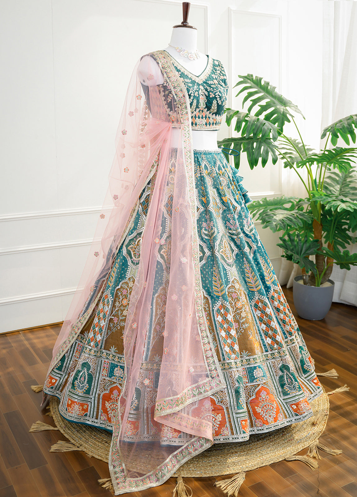 Regal Teal & Peach Embroidered Lehenga Set