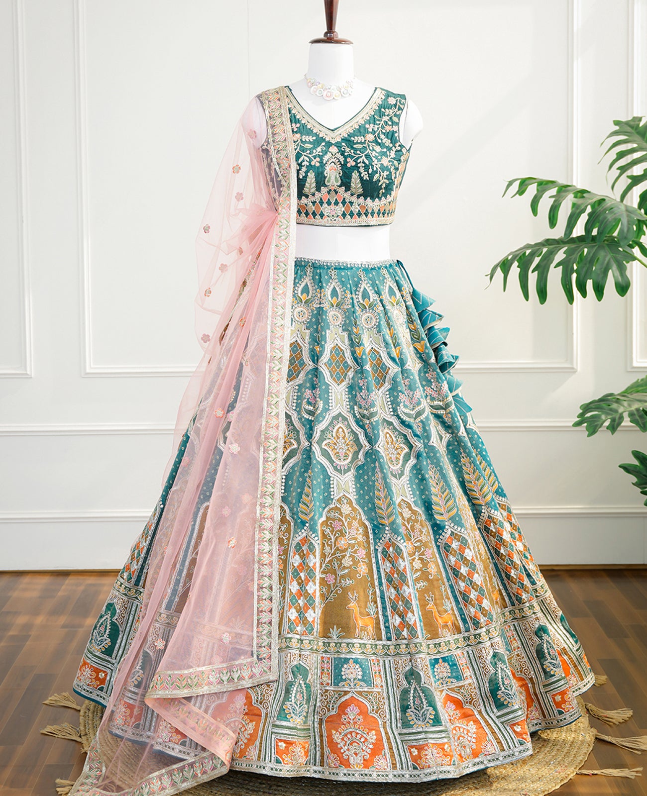 Regal Teal & Peach Embroidered Lehenga Set