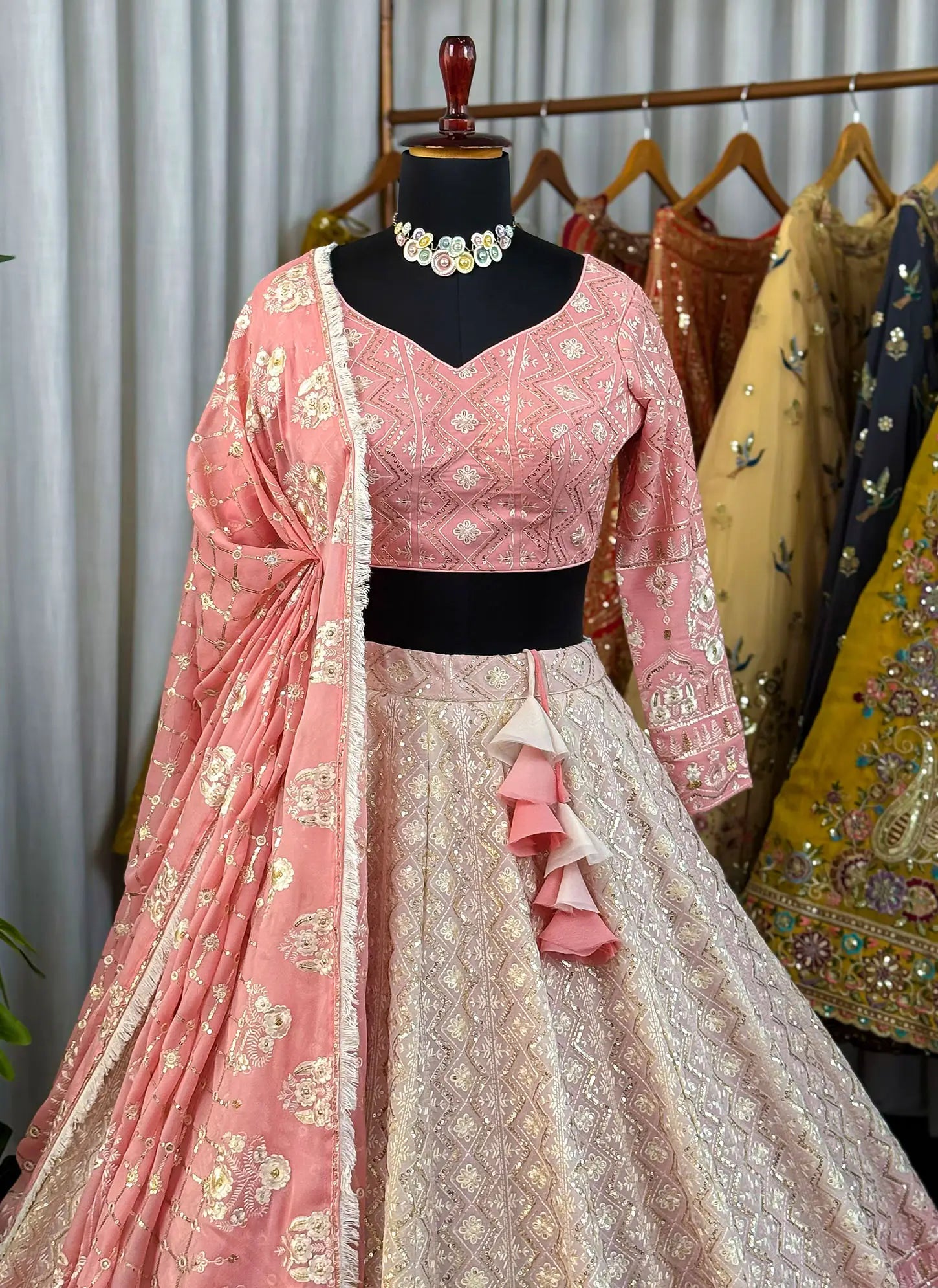 Blush Rose Embroidered Lehenga Set with Statement Dupatta Details
