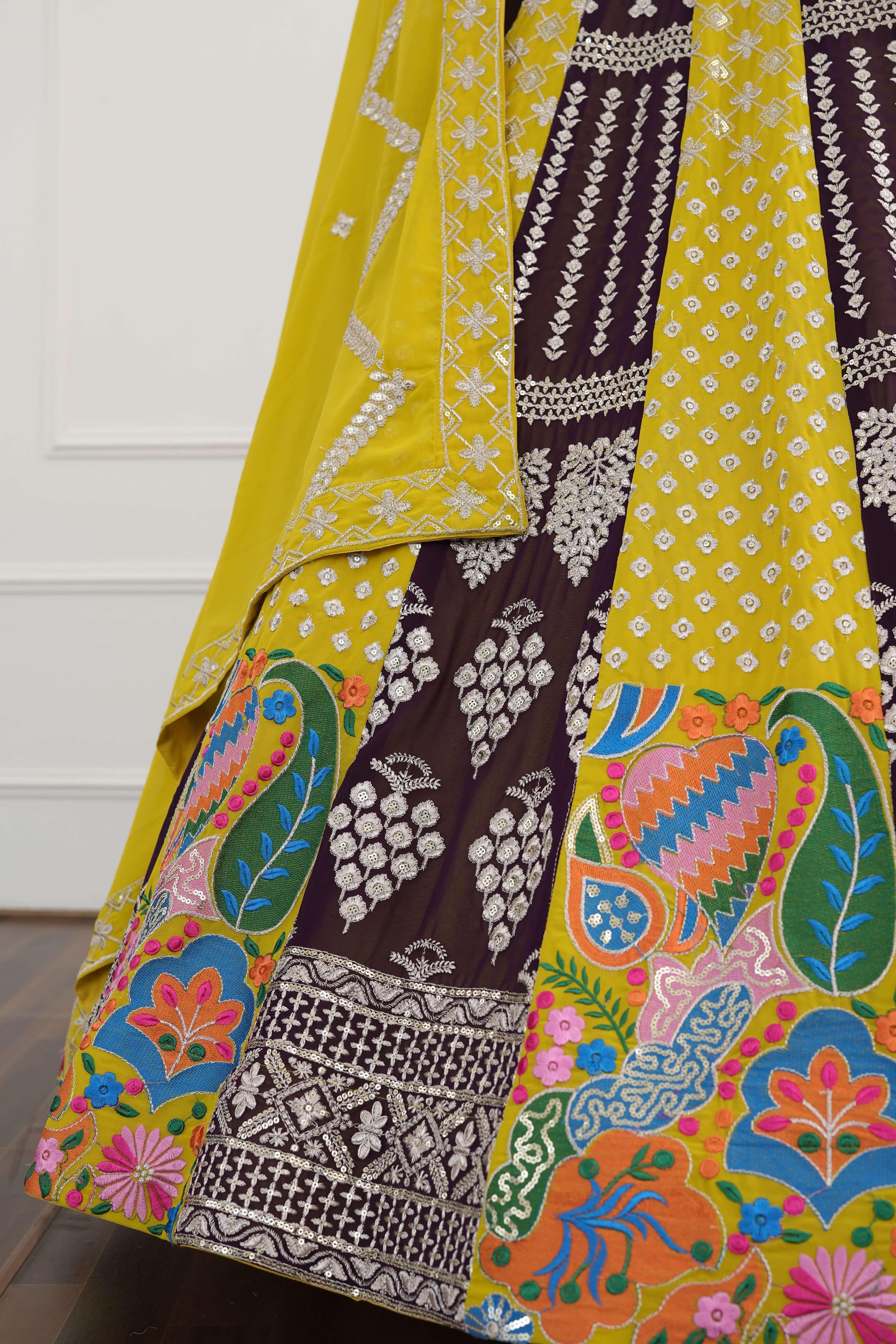 Maroon and Yellow Embroidered Lehenga Set