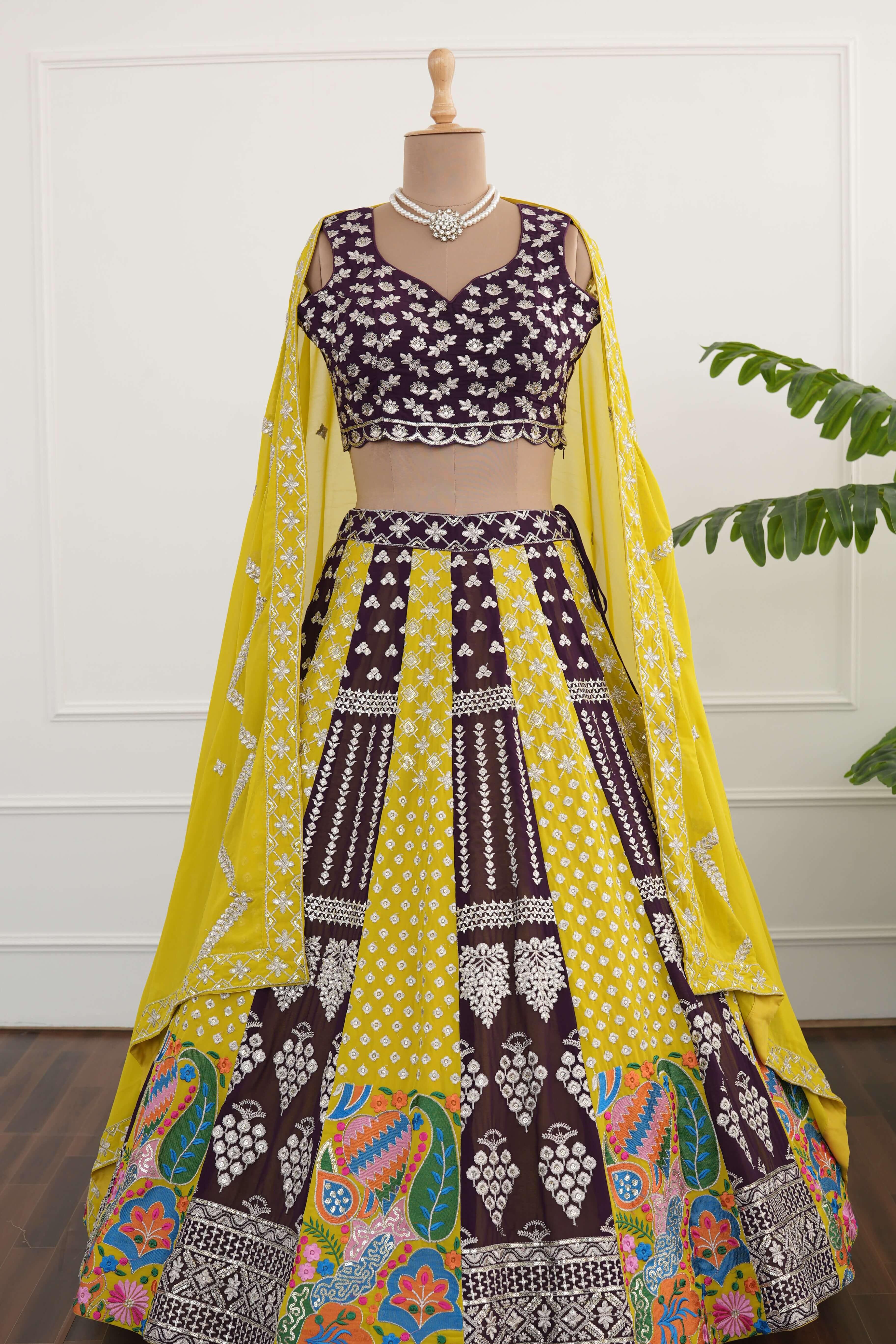 Maroon and Yellow Embroidered Lehenga Set