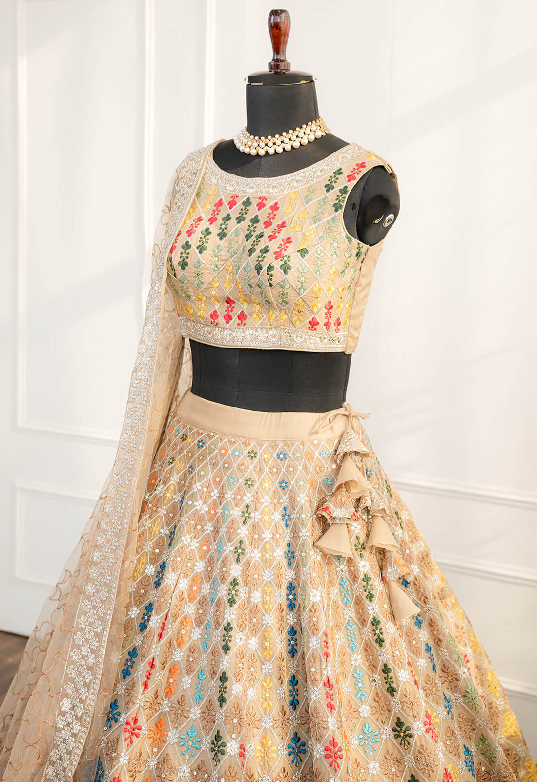 Beige Multicolored Embroidered Bridal Lehenga
