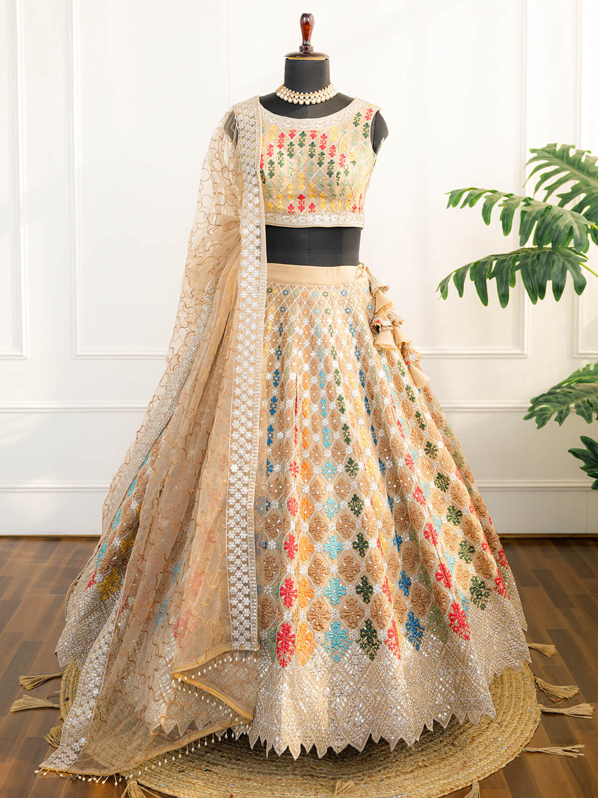 Beige Multicolored Embroidered Bridal Lehenga