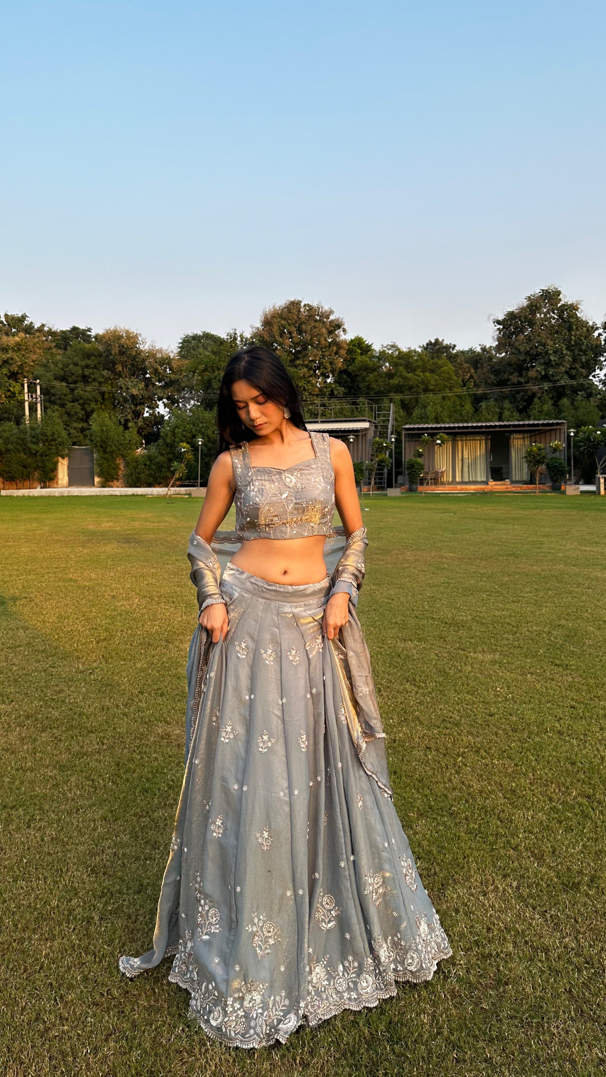 Smoky Grey Embroidered Lehenga Set