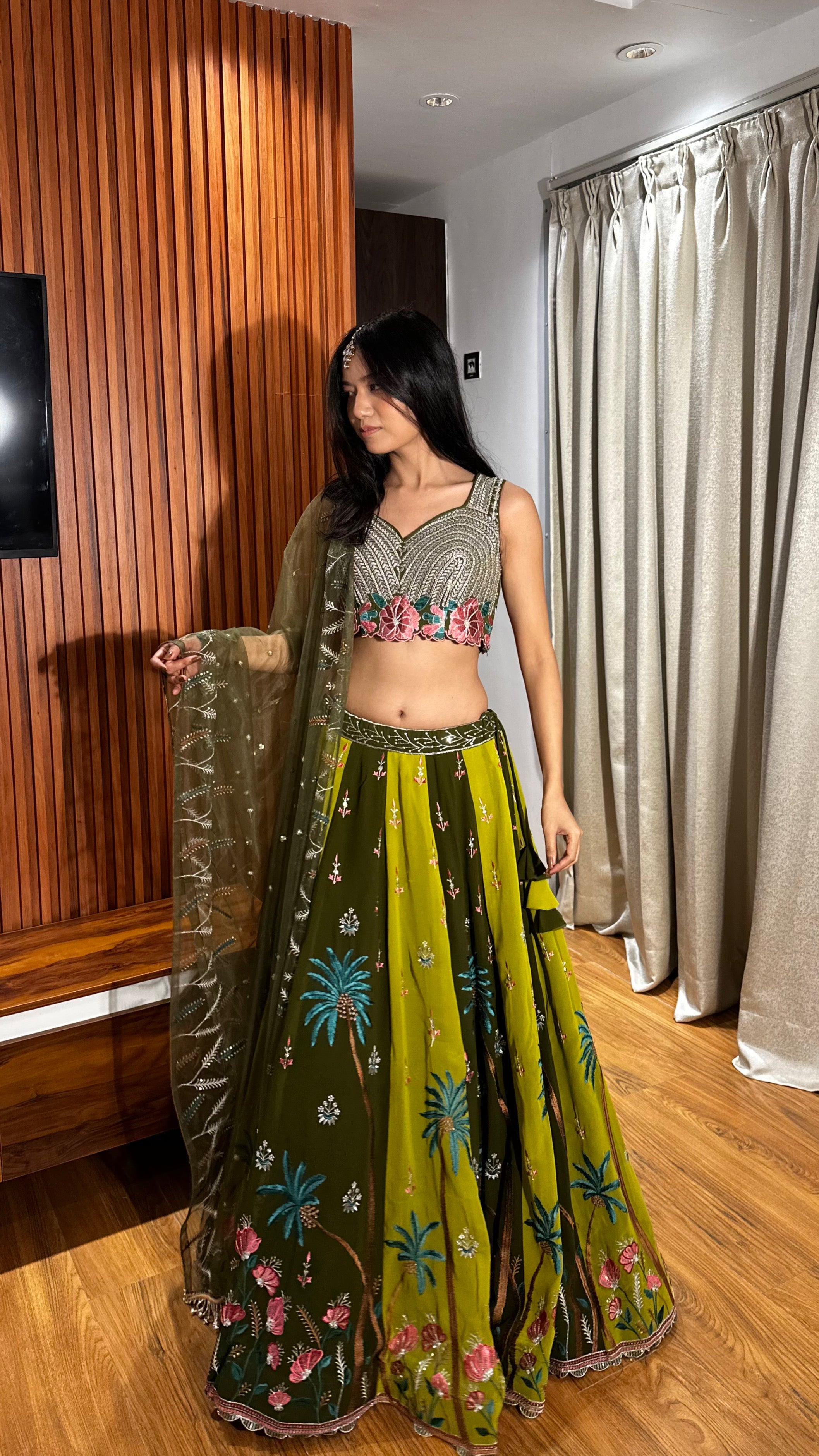 Mehndi & Green Tropical Embroidered Lehenga Set