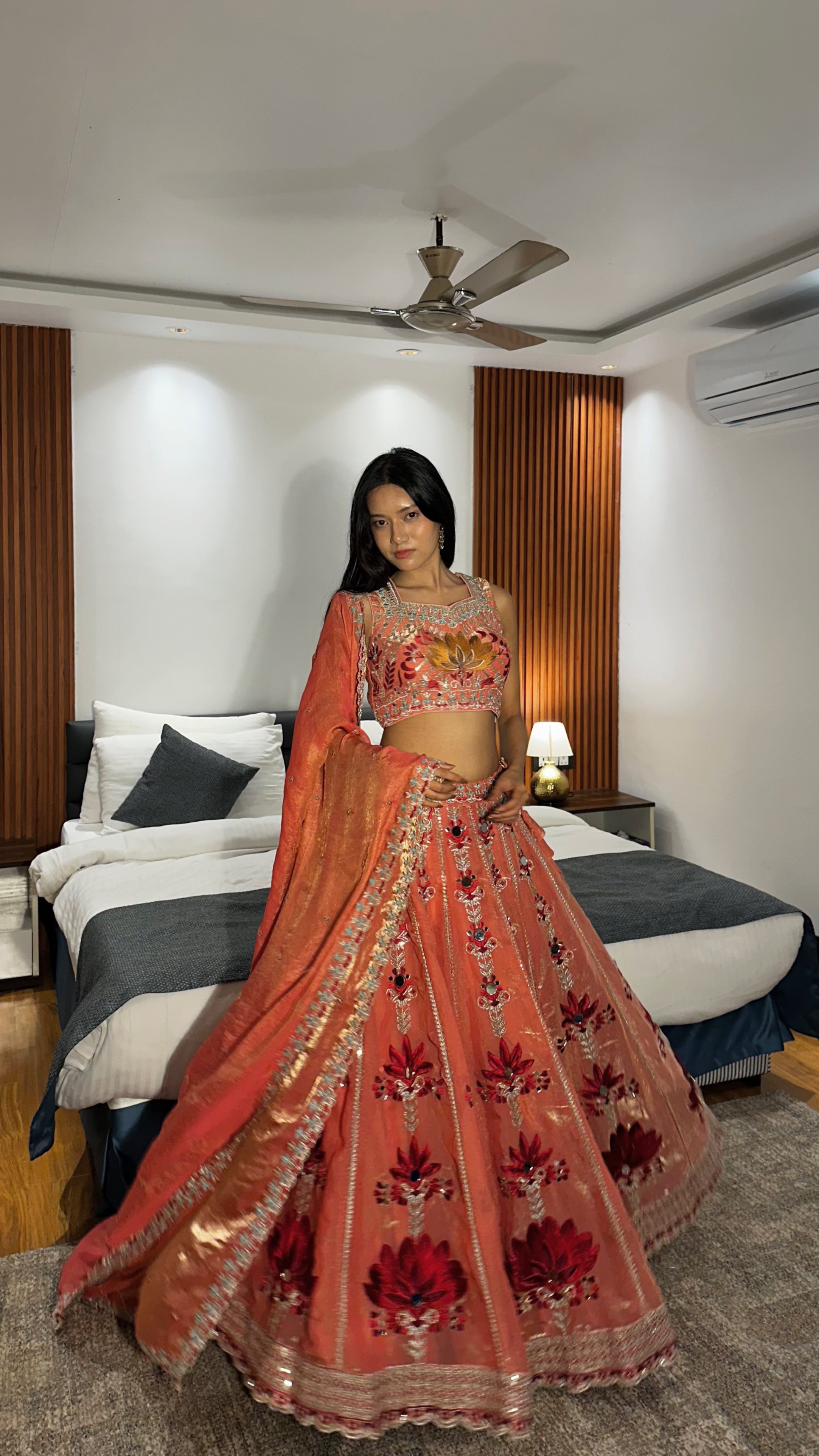 Peach Pink Embroidered Lehenga with Mirror Work