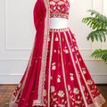 Cherry Red Floral Embroidered Lehenga Set with Scallop Dupatta