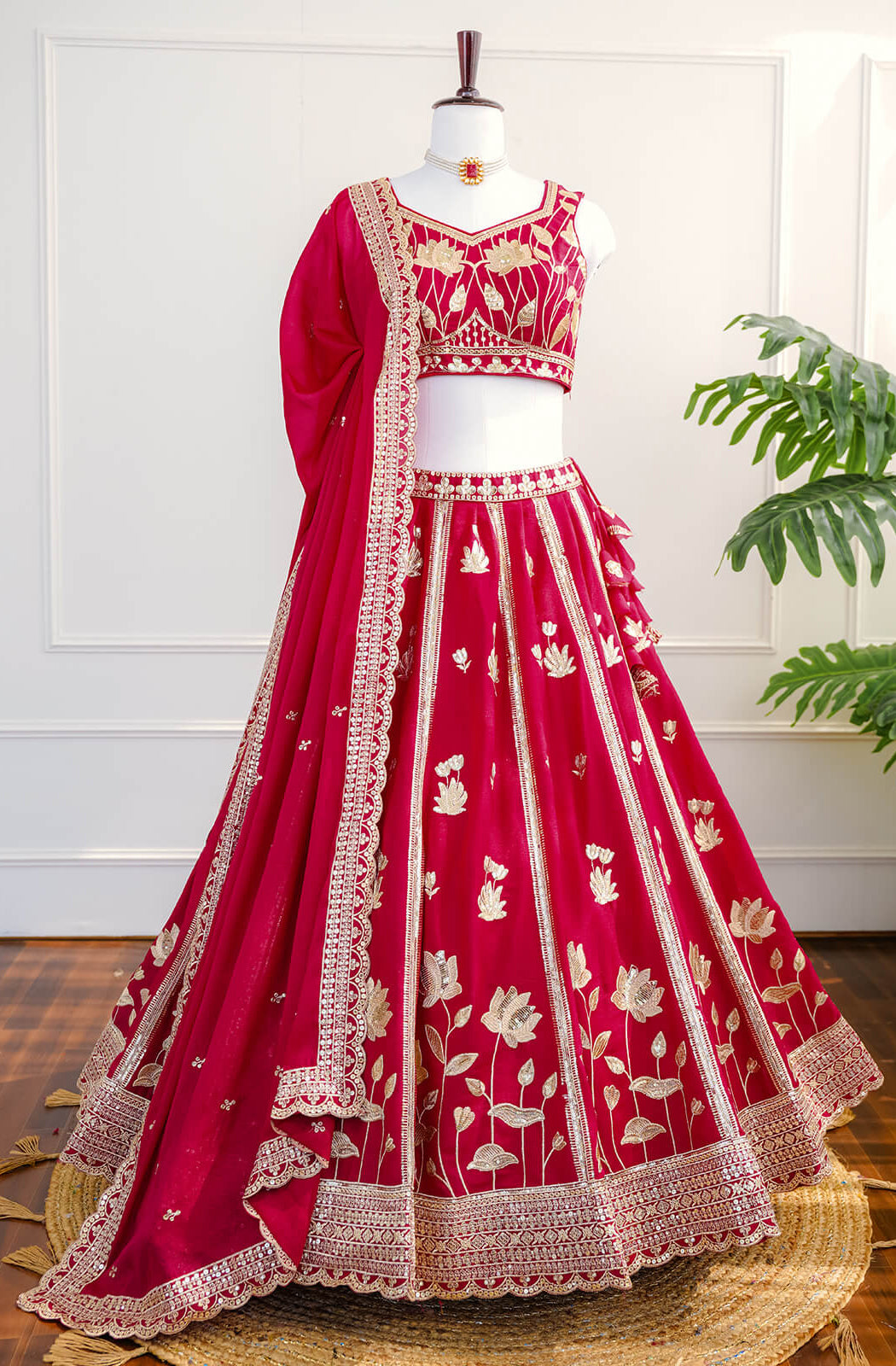 Cherry Red Floral Embroidered Lehenga Set with Scallop Dupatta