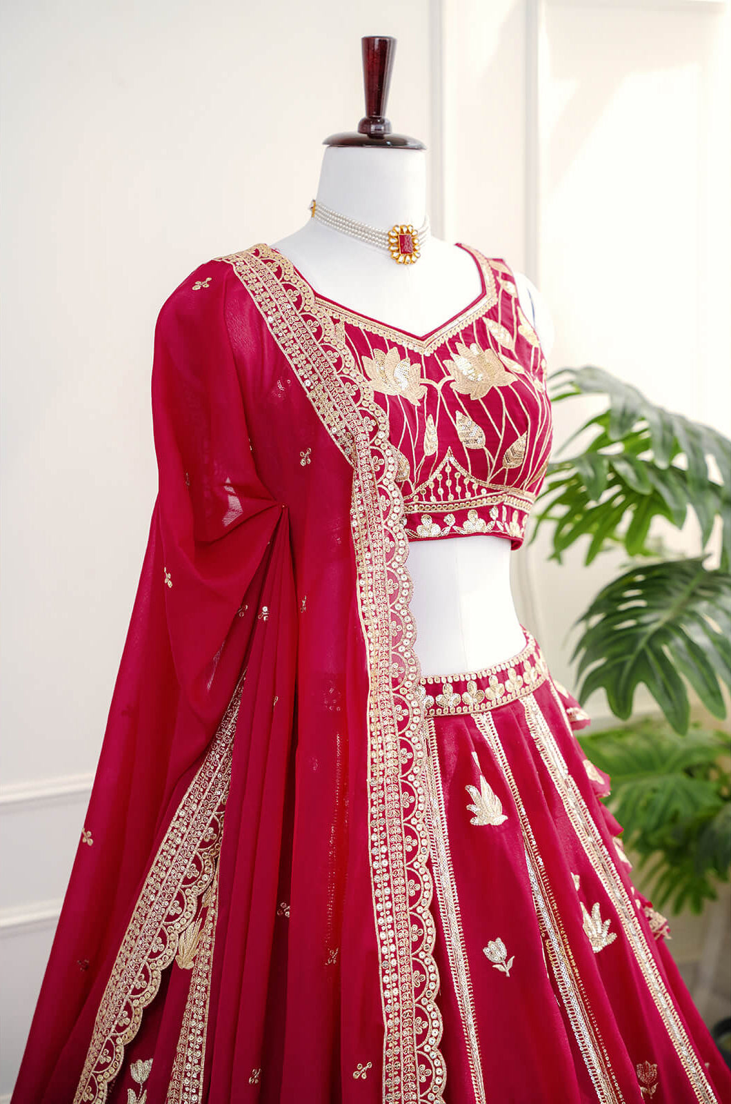 Cherry Red Floral Embroidered Lehenga Set with Scallop Dupatta